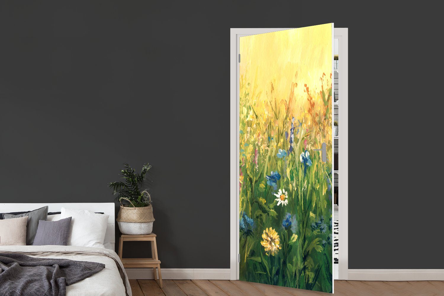 MuchoWow Türtapete Blumen - Aquarell - Sonne, Matt, bedruckt, (1 St), Selbstklebende Tapete, Folie für Möbel, 75x205 cm – Bild 5 von 5