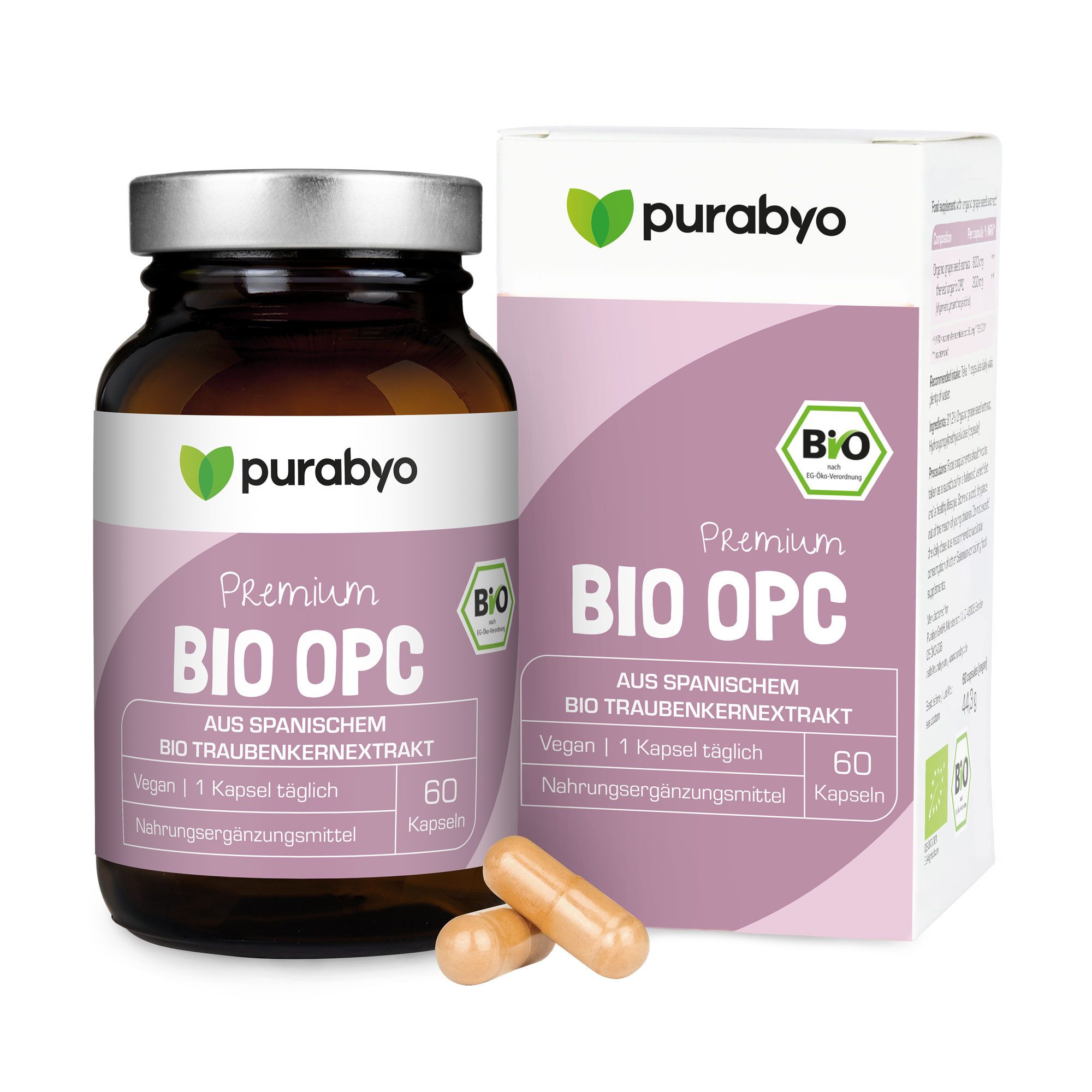 Purabyo BIO OPC, aus La Mancha (Spanien), 300 mg reines OPC, im Glas Kapseln, 1 er 60 St., 44 g