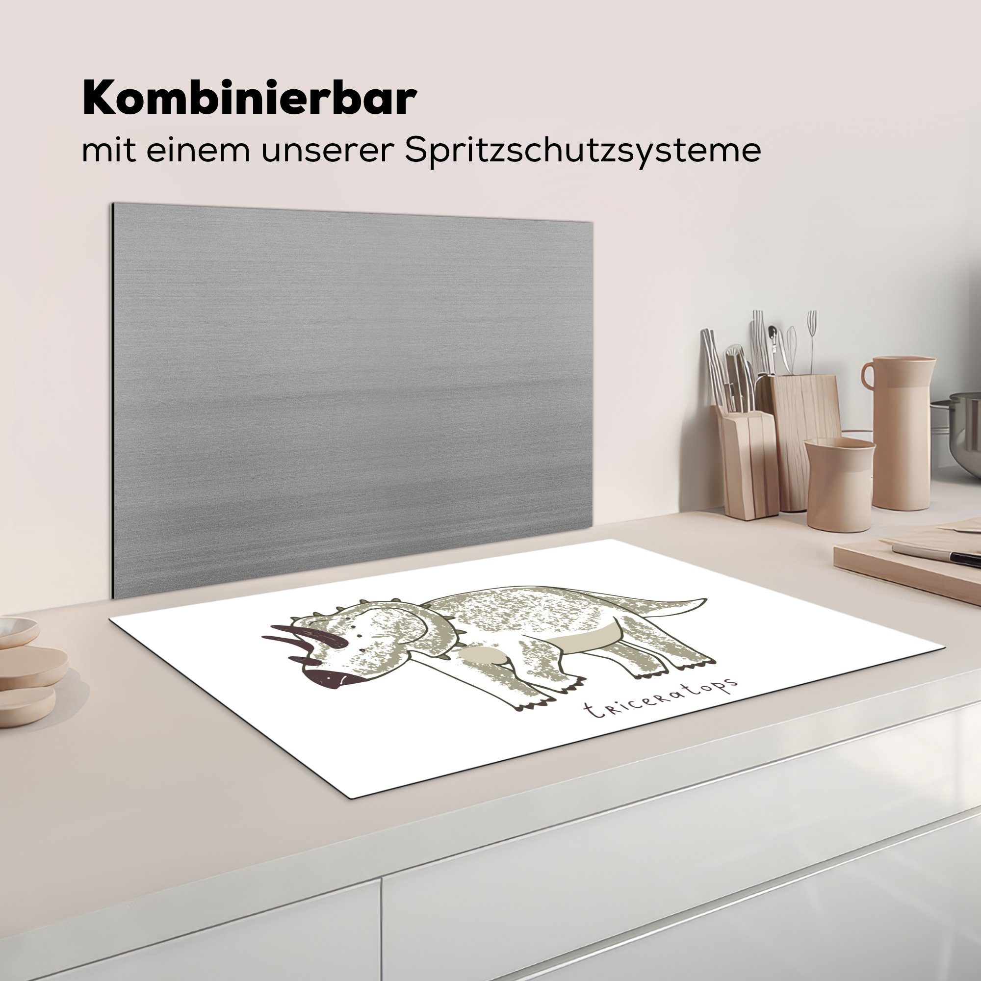 Kinder, Induktionskochfeld Dinosaurier Schutz - cm, Herdblende-/Abdeckplatte - - Vinyl, - Ceranfeldabdeckung Triceratops 81x52 für Kinderzimmer Mädchen die küche, (1 tlg), - MuchoWow Jungen