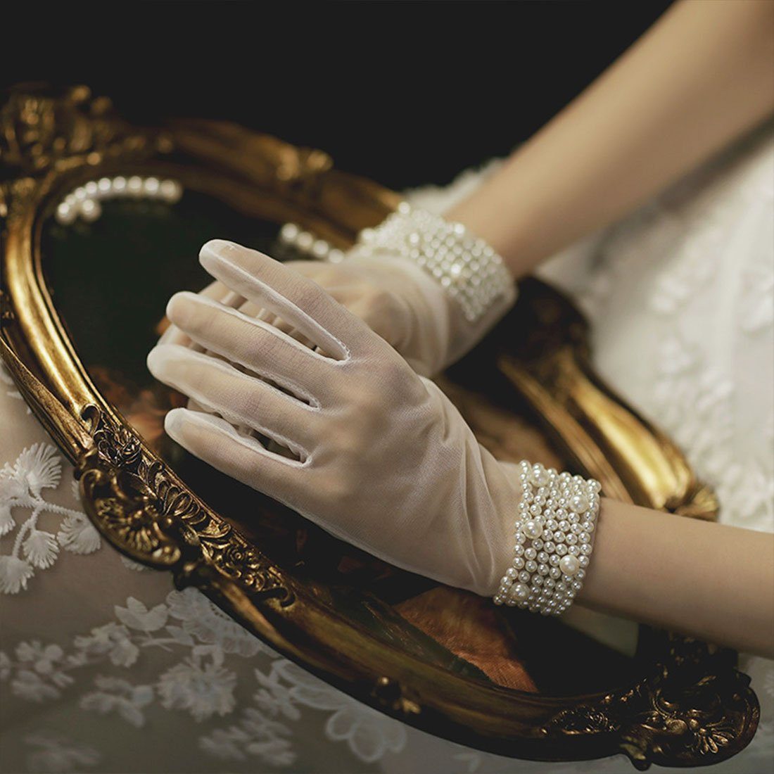 und mit französischer Spitze kurze Abendhandschuhe weiß Perlen DÖRÖY Brautkleid Handschuhe