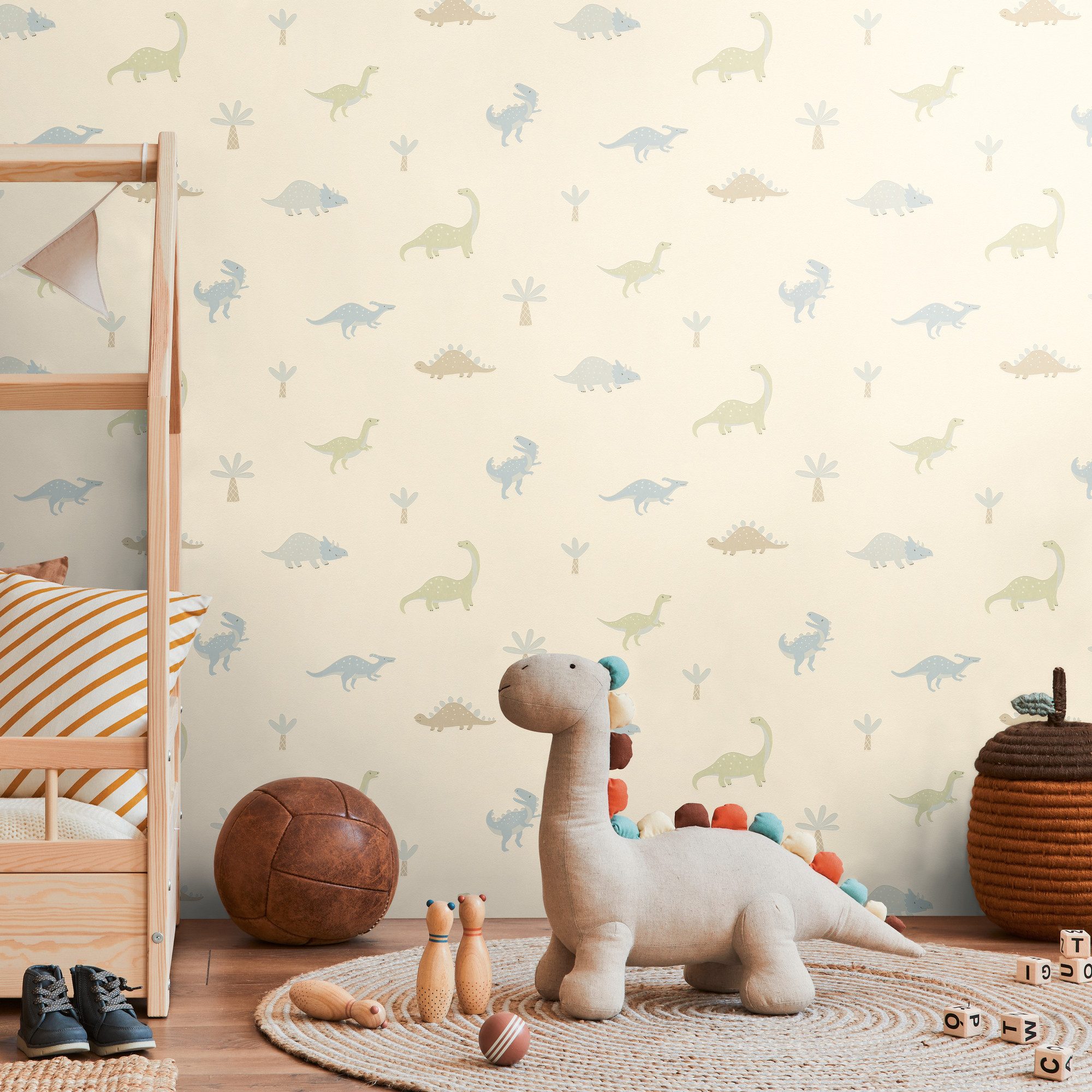 living walls Vliestapete Kids Studio Dinosaurier – Vliestapete für Kinder, glatt, naturalistisch, grafisch, Motiv, Freundliche Dinosaurier und Palmen im modernen Scandi-Look