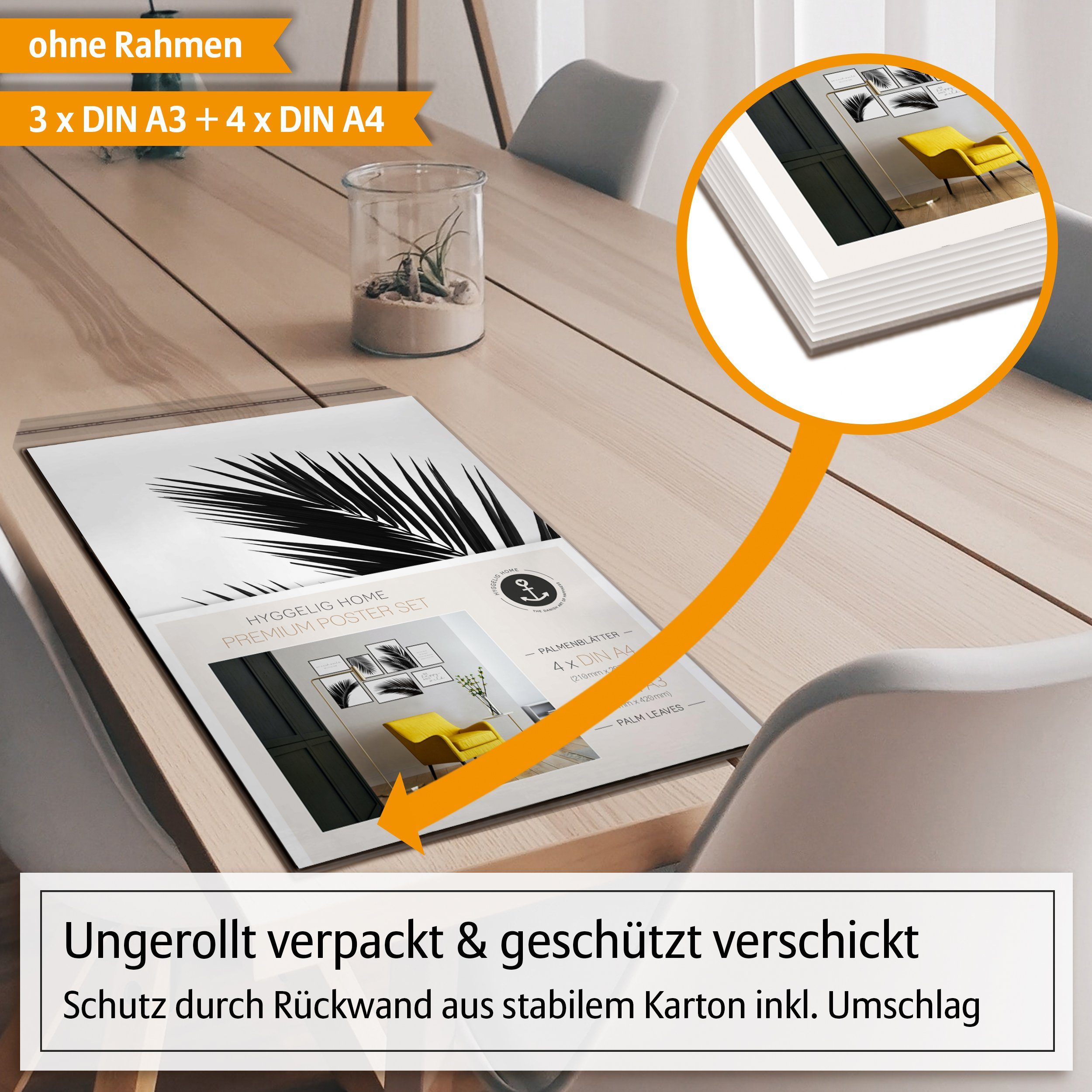 Hyggelig Home Poster Palmenblatt schwarz-weiß, Premium Poster Set OHNE & MIT Rahmen, Bilder, Pflanze (Set, 7 St), Collage be happy, Qualitätsdruck auf dickem Pa – Bild 4 von 5