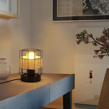ZMH Tischleuchte Skandinavische Boho-Lampe Schwarz E27 aus Rattan Metall, ohne Leuchtmittel, Niedrig