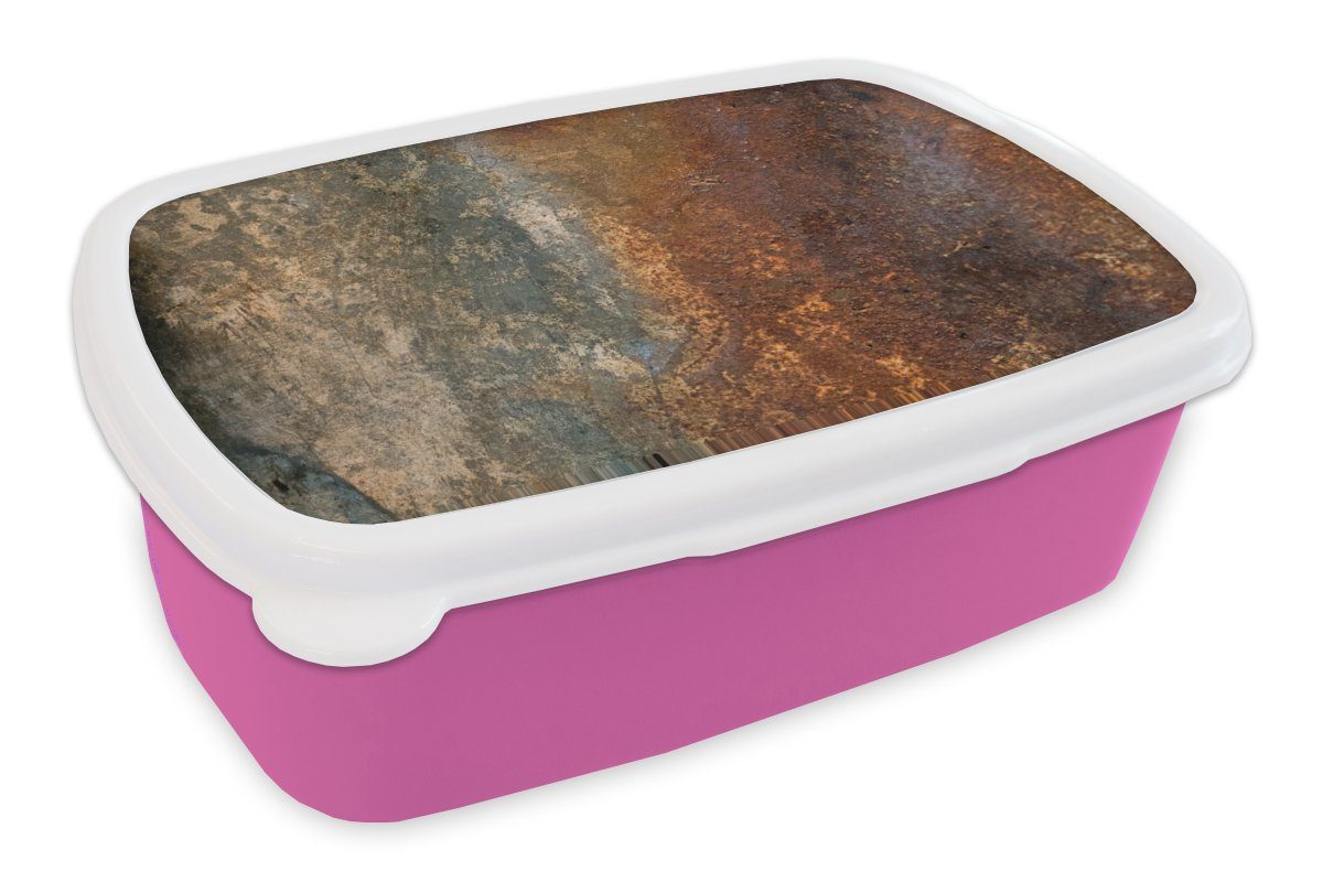MuchoWow Lunchbox Stahl - Rost - Alt - Orange - Grau - Muster - Abstrakt, Kunststoff, (2-tlg), Brotbox für Erwachsene, Brotdose Kinder, Snackbox, Mädchen, Kunststoff rosa | Lunchboxen