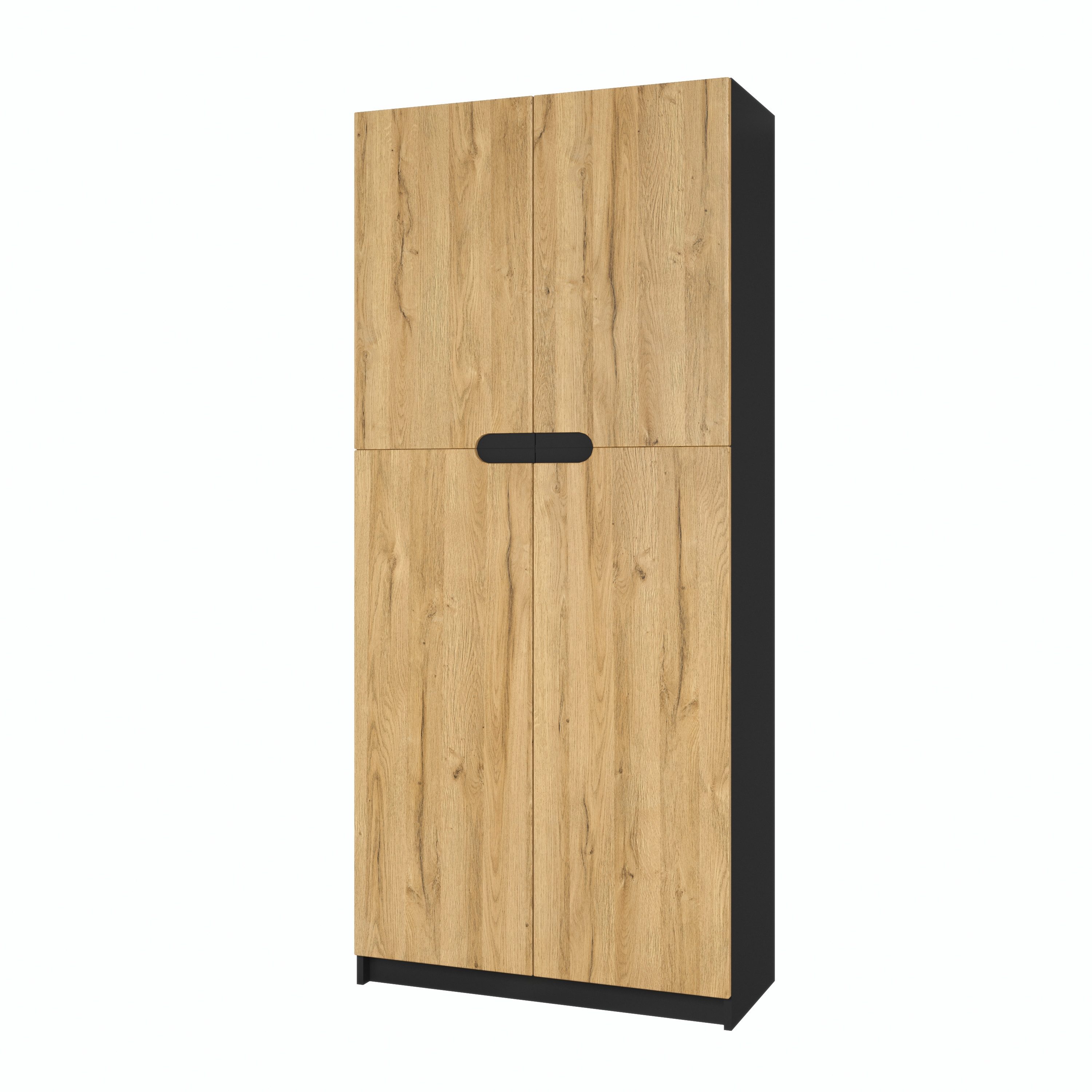 Vladon Aktenschrank Logan (Aktenschrank, mit 5 Fächern und 4 Türen) Schwarz matt/Eiche Natur (82 x 184 x 37 cm)