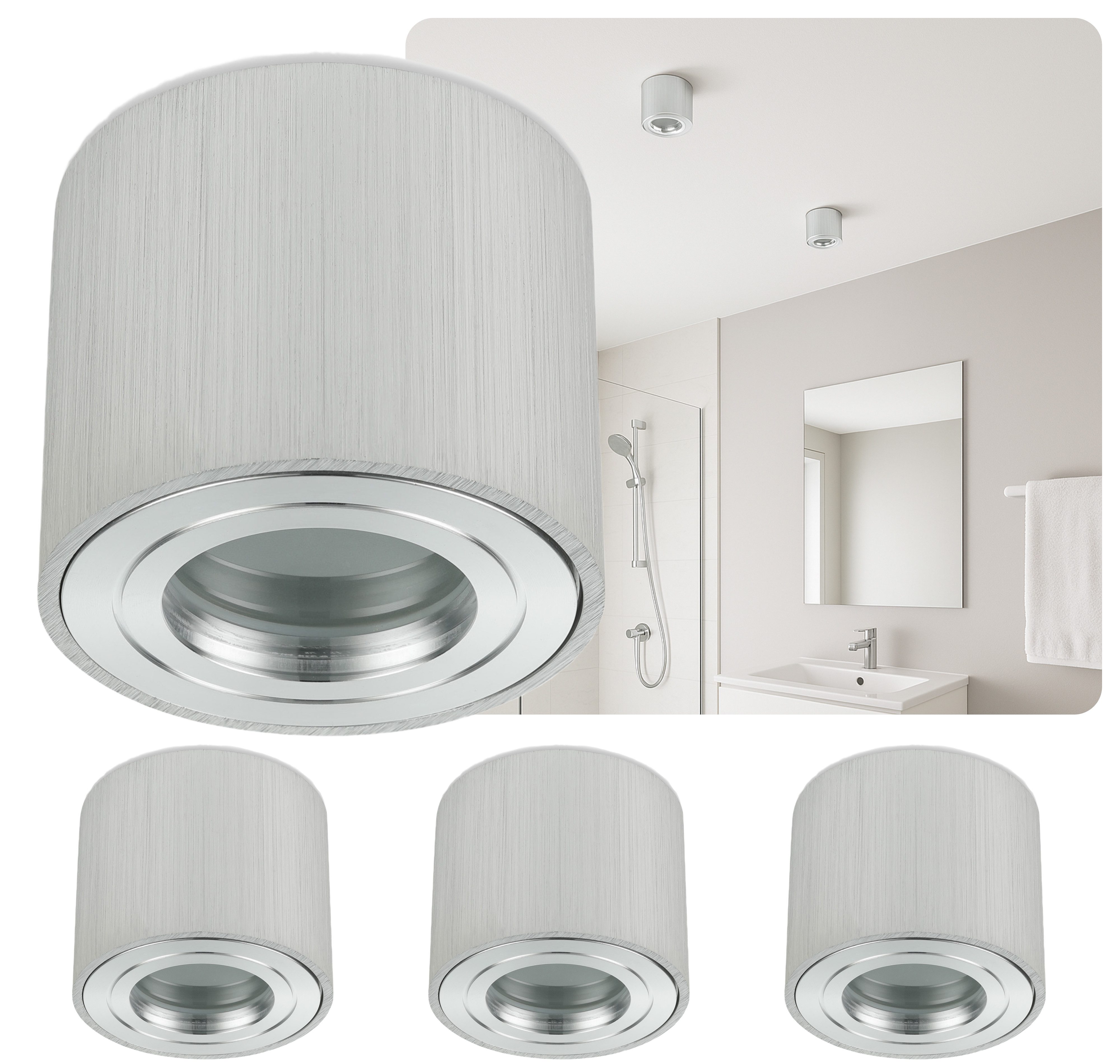 Sweet LED Aufbauleuchte 4er Set für Bad & Küche IP44 schwenkbar Aluminium 230V flach, ohne Leuchtmittel, Aufbaustrahler LED, Aufbauspot, Deckenstrahler