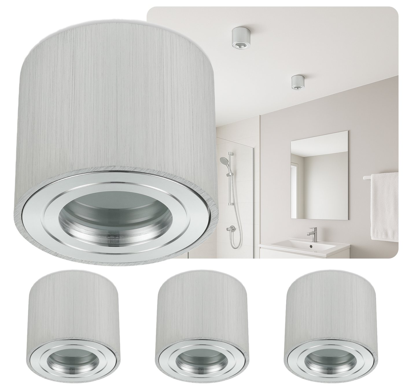Sweet LED Aufbauleuchte 4er Set für Bad & Küche IP44 Aluminium 230V flach, ohne Leuchtmittel, Aufbaustrahler LED, Aufbauspot, Deckenstrahler