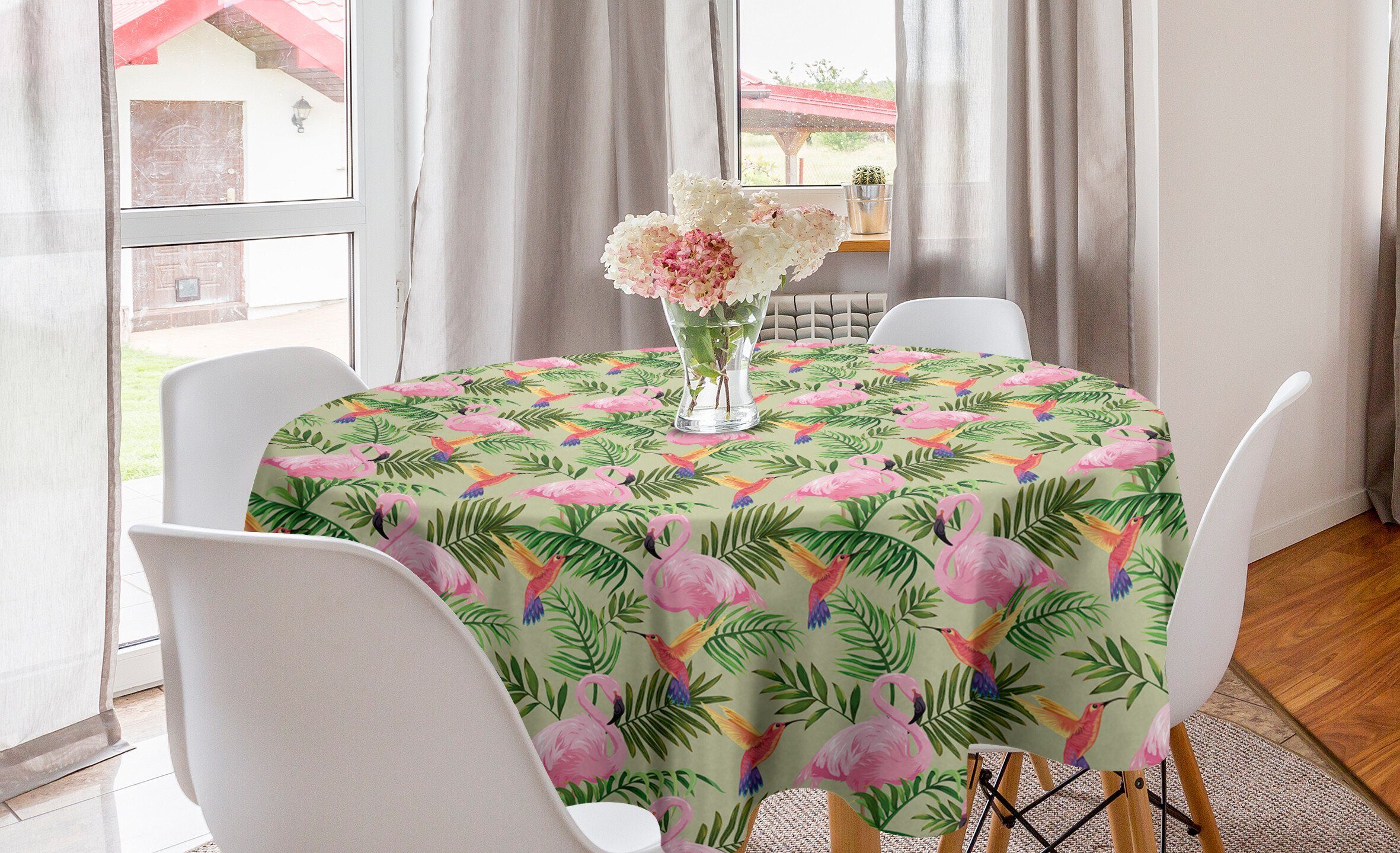 Abakuhaus Tischdecke Kreis Tischdecke Abdeckung für Esszimmer Küche Dekoration, Botanische Kolibri, Flamingo-Art