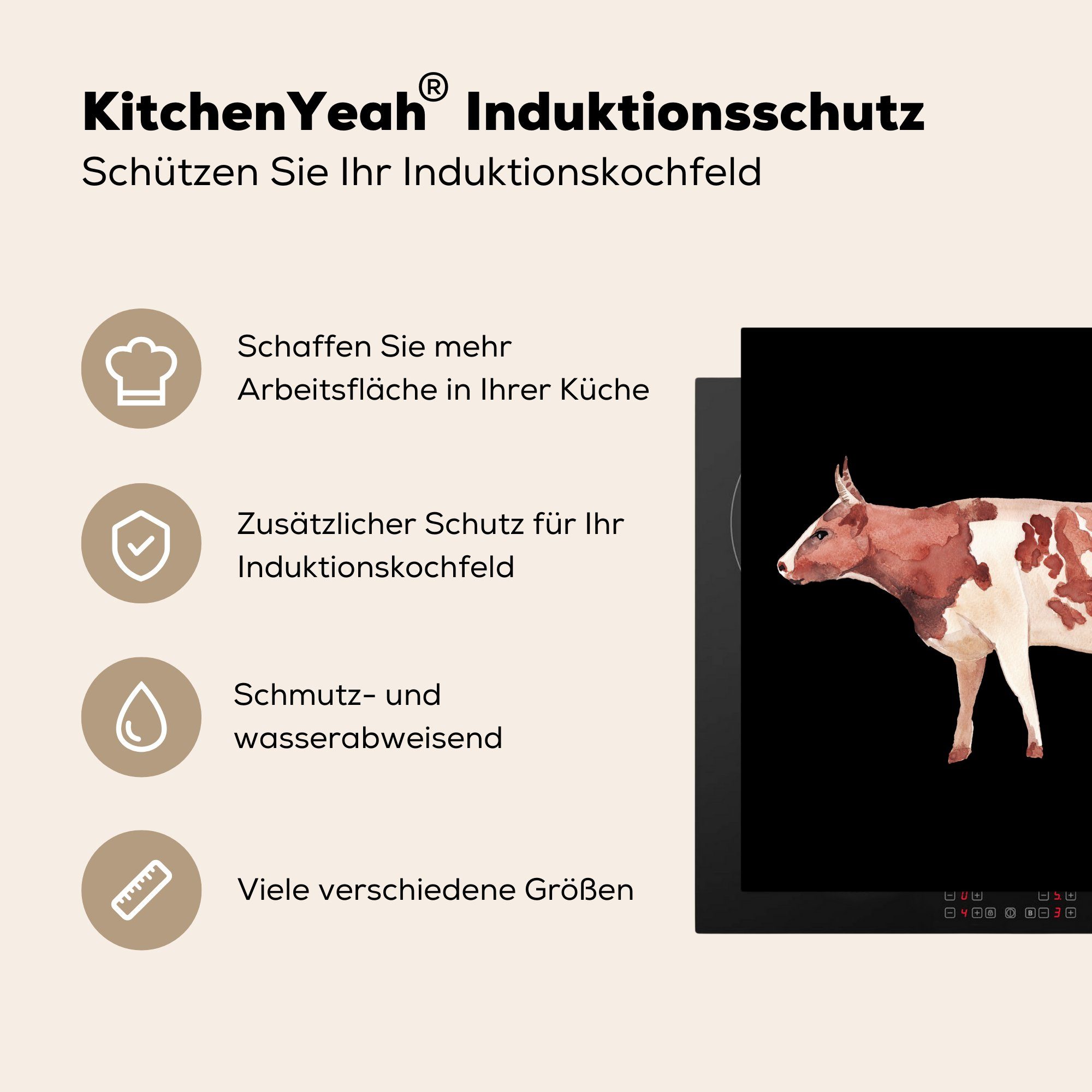 tlg), cm, Herdblende-/Abdeckplatte für - MuchoWow - küche 78x78 Vinyl, Arbeitsplatte (1 Kuh Ceranfeldabdeckung, Tier Schwarz,
