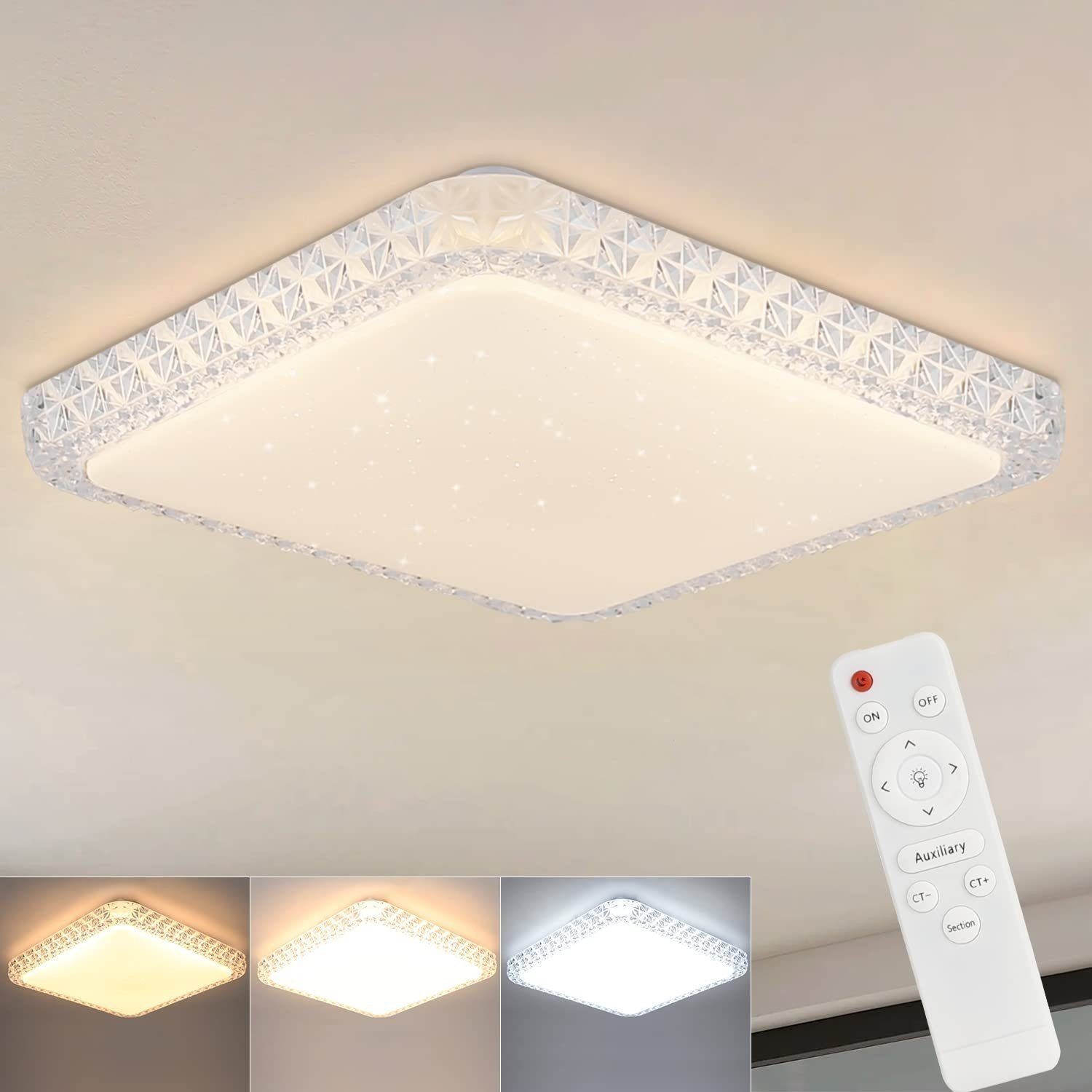 Nettlife LED Deckenleuchte Sternhimmel Weiß Deckenlampe Dimmbar mit Fernbedienung 30CM, LED fest integriert, Warmweiß, Neutralweiß, Kaltweiß, für Schlafzimmer Wohnzimmer Geschäft Küche Flur, 32W