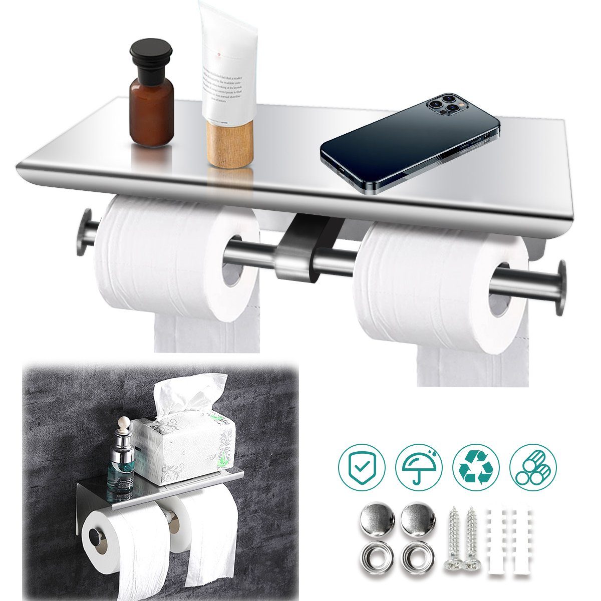 Toilettenpapierhalter Ablage 7Magic mit Handyhalter (Chromfarben),