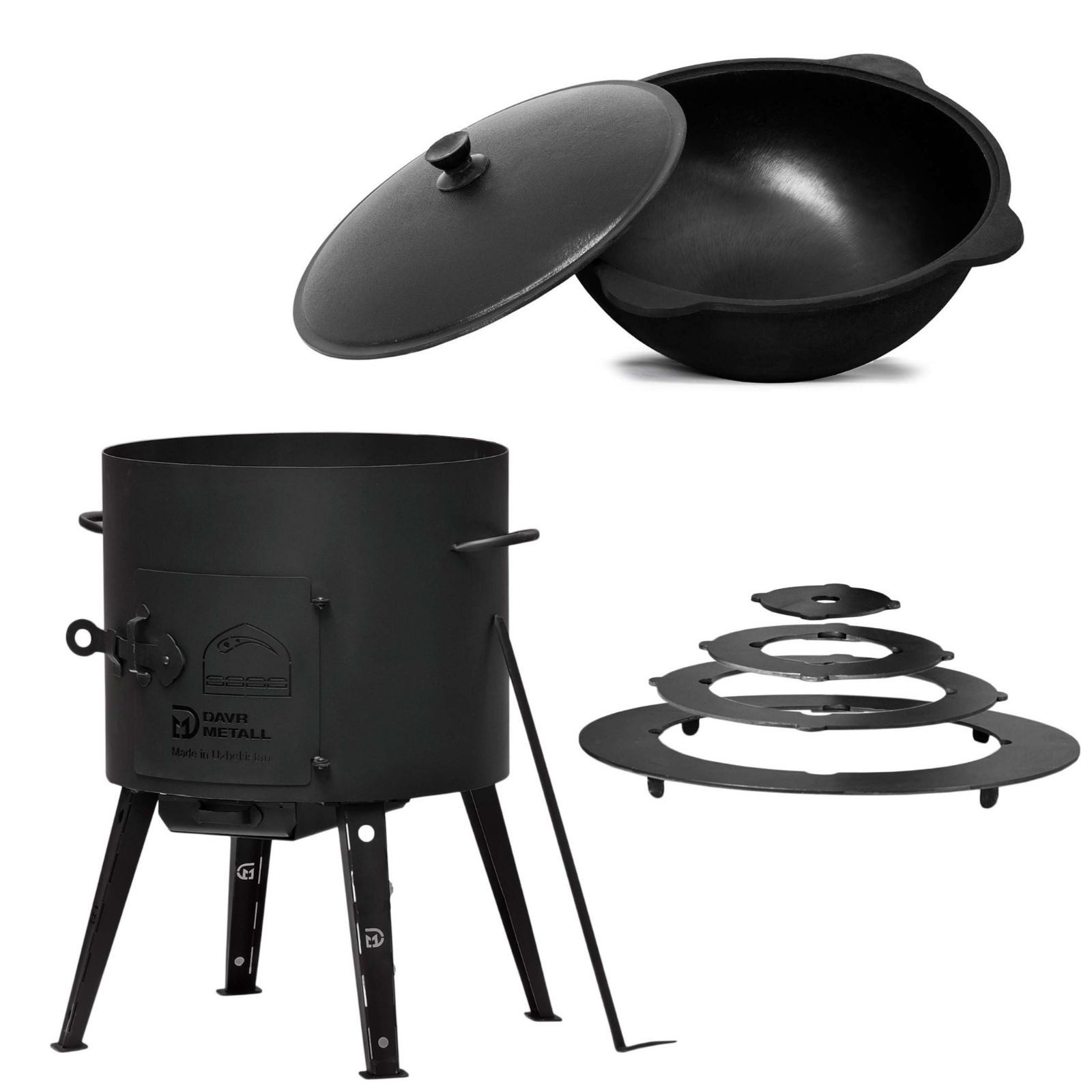 4BIG.fun Feuerstelle Feuerofen Ø44 cm Adapter-Ringe 16L Kazan Usbekisch Utschag Kasan, (Utschag Uchak Kasan Учаг Казан Außenküche Eintopfofen), ca. 2 mm Stahl