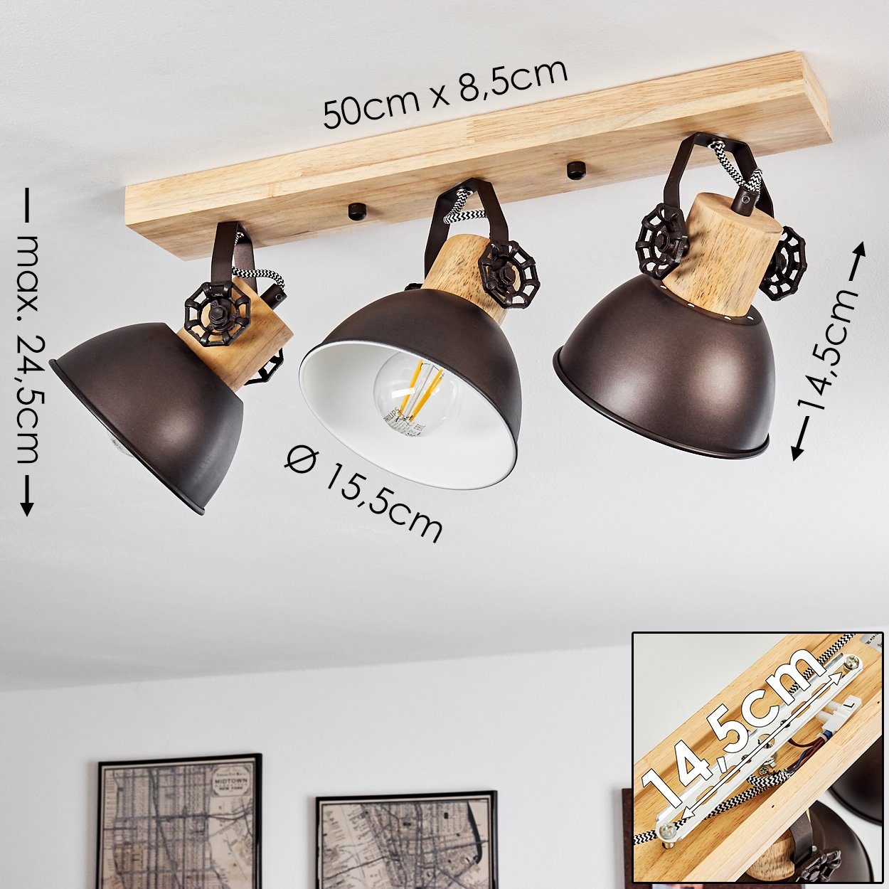 hofstein Deckenleuchte »Cotes« Deckenlampe aus Metall/Holz in Anthrazit/Weiß/Braun, ohne Leuchtmittel, mit verstellbaren Strahlern, 3xE27, Spot im Retro/Vintage Design
