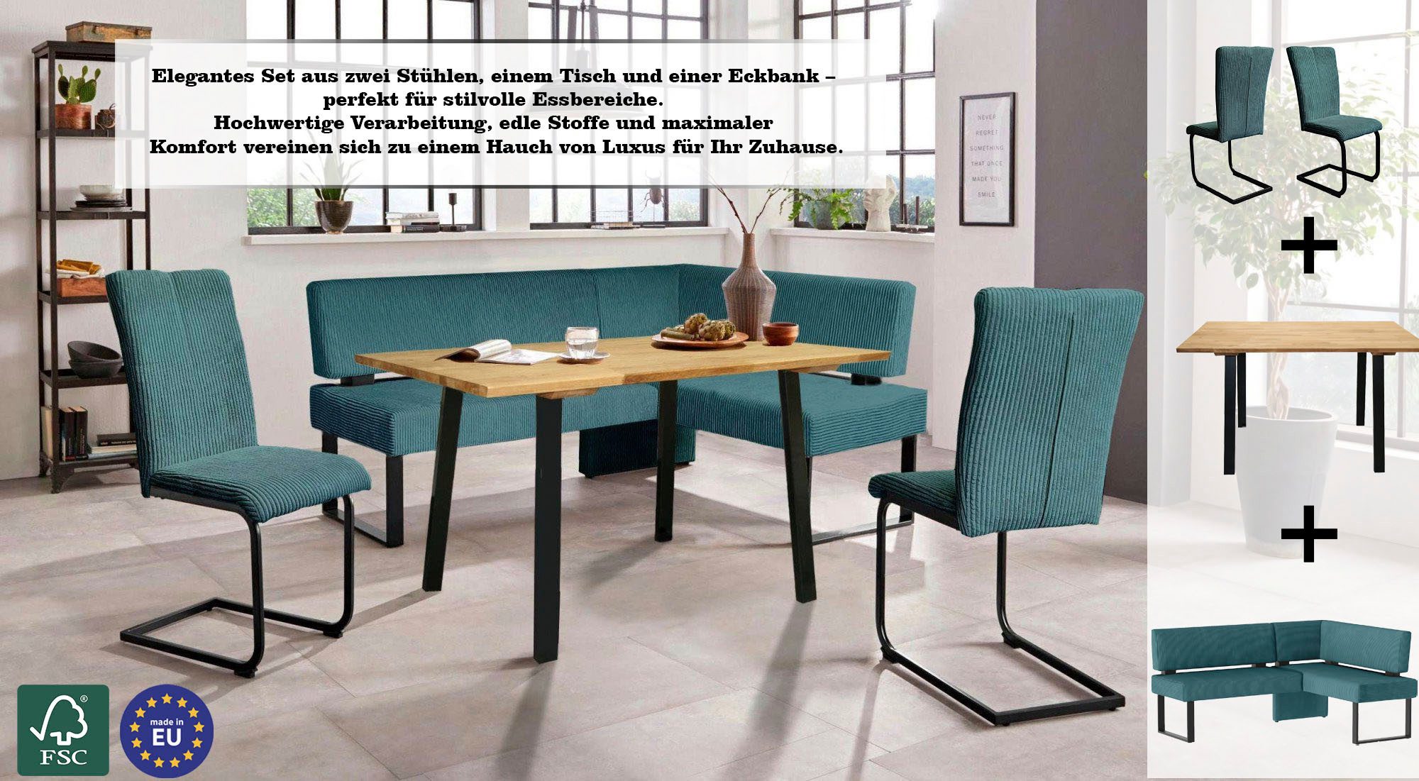OTTO home Eckbankgruppe Oliver, (Set, 4-tlg., 4-tlg), Eckbank mit Wellenunterfederung im Sitz, Tisch Massiv Eiche