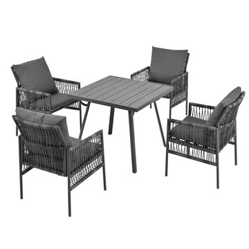 XDeer Garten-Essgruppe Gartenmöbel-Set 5-teiliges Esstisch-Set, 4 Sessel, 1 Tisch, WPC-Tischplatte, PE-Rattan, mit verstellbaren Füßen, ink. Kissen