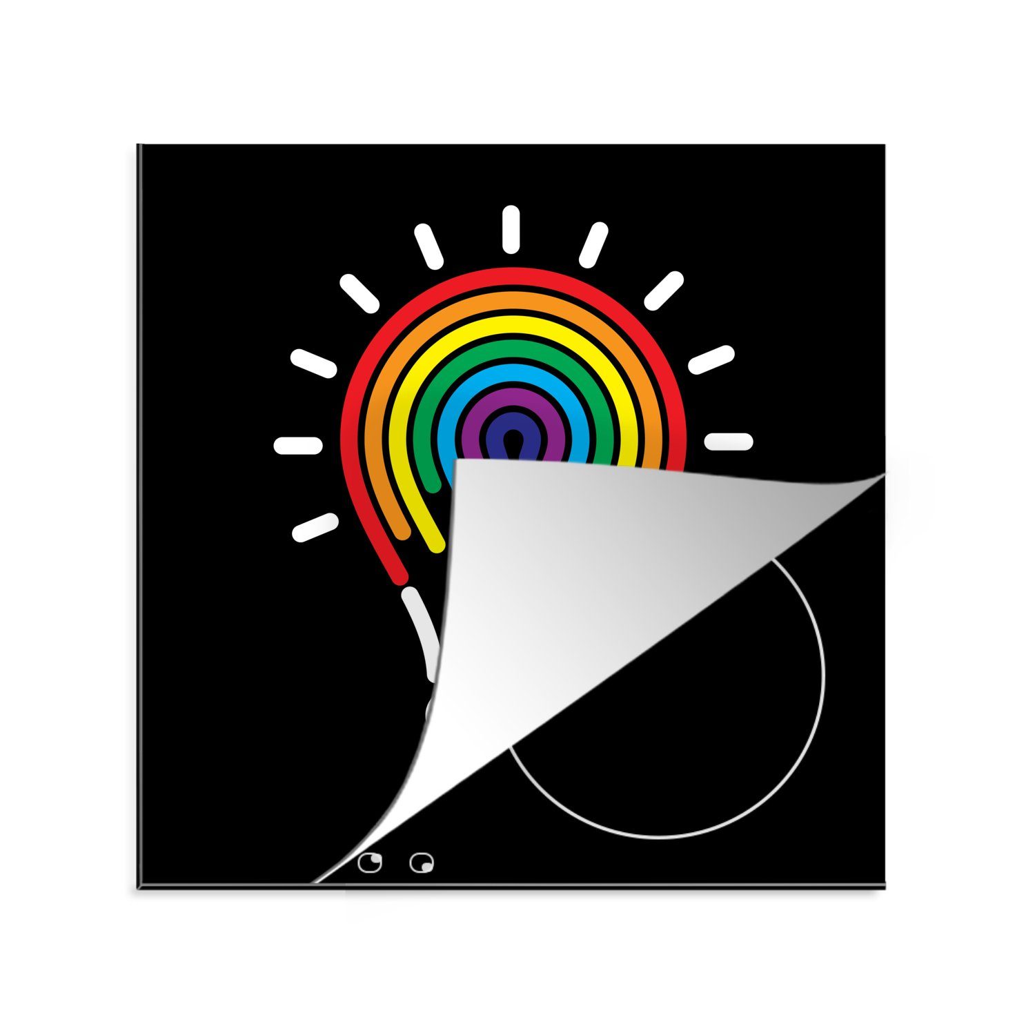 MuchoWow Herdblende-/Abdeckplatte Kinder Illustration der Glühbirne in Regenbogenfarben auf schwarzem, Vinyl, (1 tlg), 78x78 cm, Ceranfeldabdeckung, Arbeitsplatte für küche