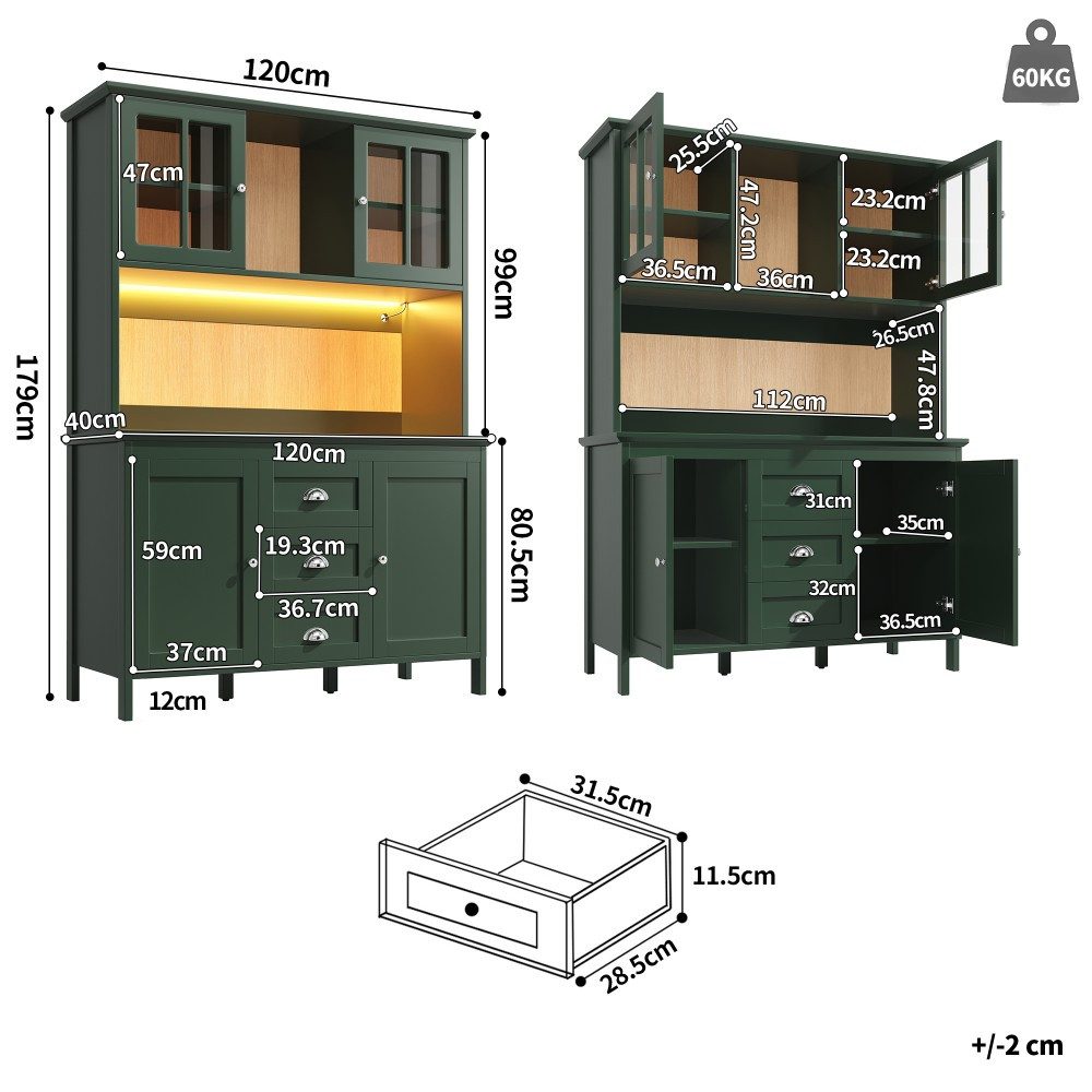 TavilaEcon Küchenbuffet Küchenschränke mit Glastüren und LED-Beleuchtung (1-St) 120 x 40 x 179 cm, grün – Bild 2 von 5