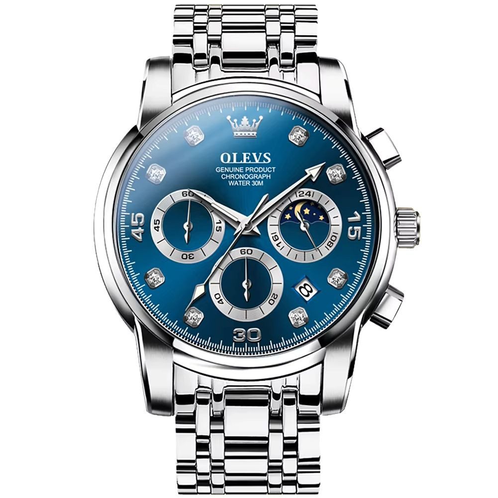 Tidy Quarzuhr Herrenuhr Silber/Blau Chronograph Sportlich Edelstahl günstig online kaufen