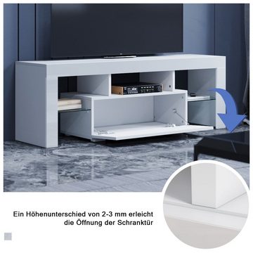 SONNI TV-Board TV Lowboard Breite 130 cm Schrank Weiß Hochglanz mit LED-Beleuchtung