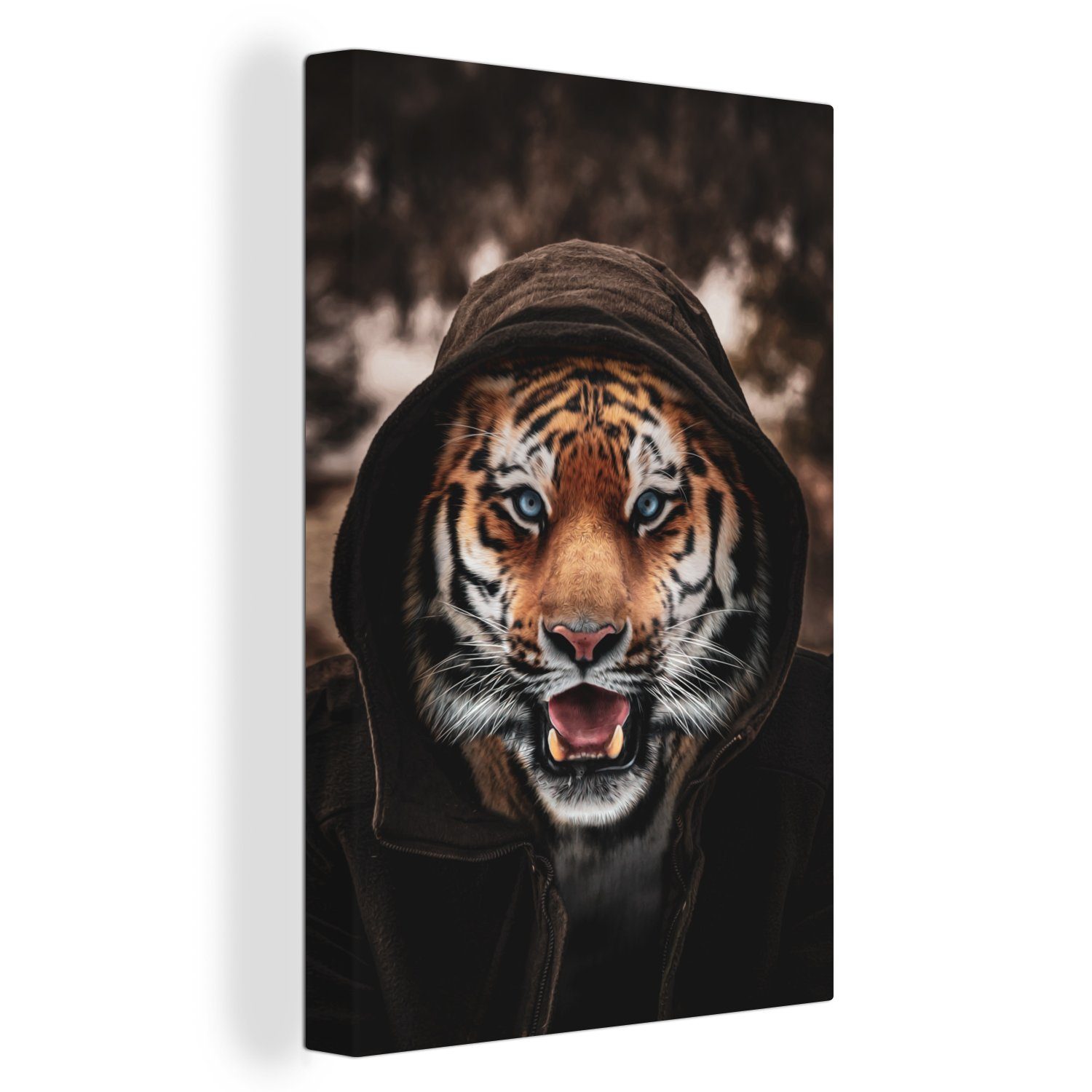 OneMillionCanvasses® Leinwandbild Tiger mit Kapuze, (1 St), Leinwandbild fertig bespannt inkl. Zackenaufhänger, Gemälde, 20x30 cm