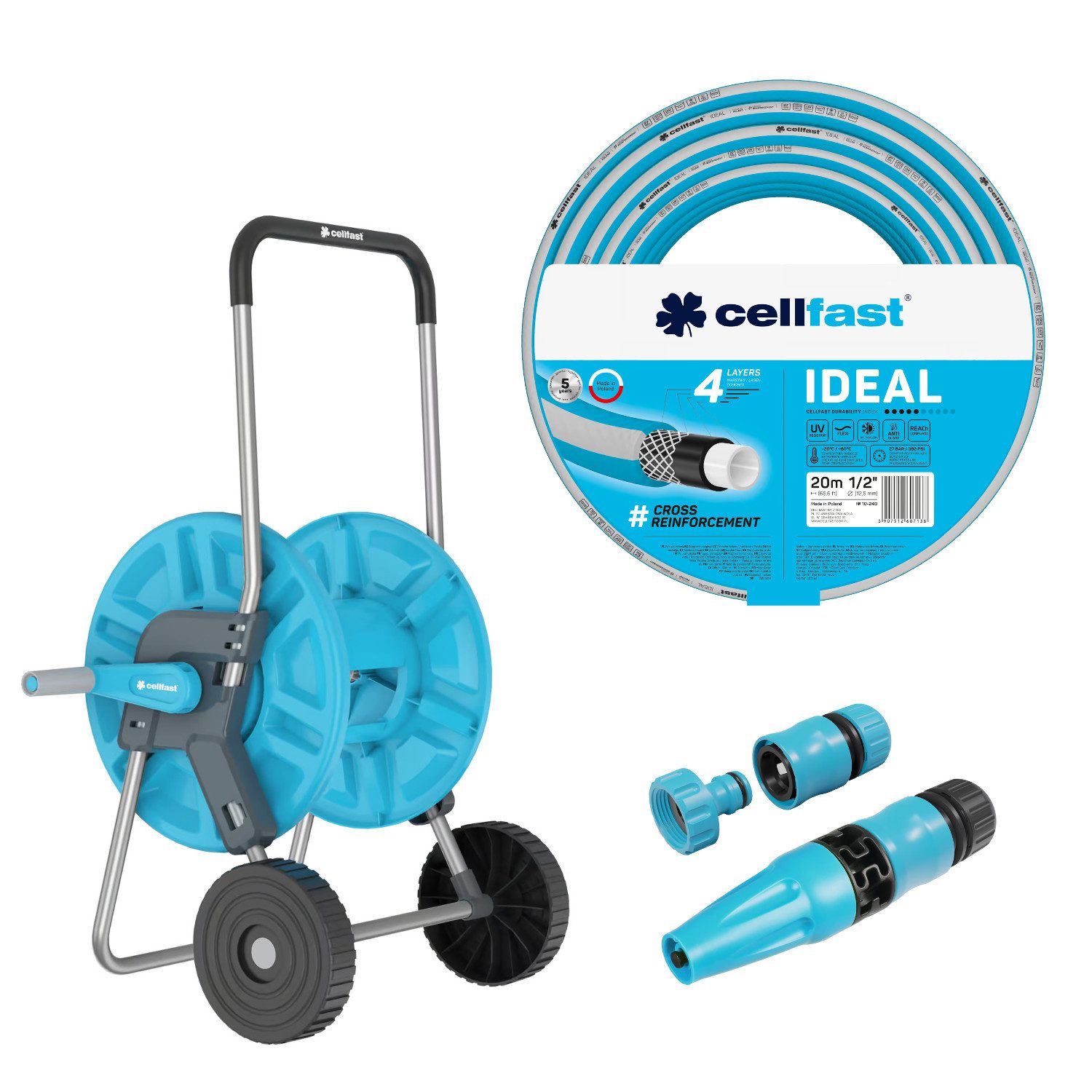 Cellfast Schlauchwagen Aluplus, IDEAL Gartenschlauch 1/2" 20 m, Basic Sprühkopf 1/2", All Season, Anti Algae, Flexi, ReaCh Compliant, UV Resistant