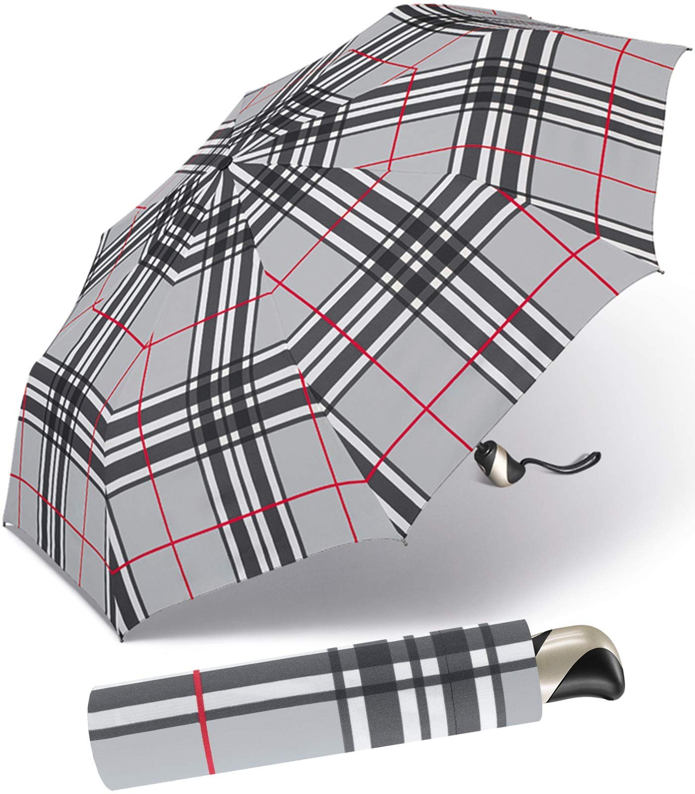 Auf-Zu-Automatik, Taschenregenschirm Herren-Regenschirm schöner mit Karo-Muster im stabil happy rain® und selection grauen leicht,