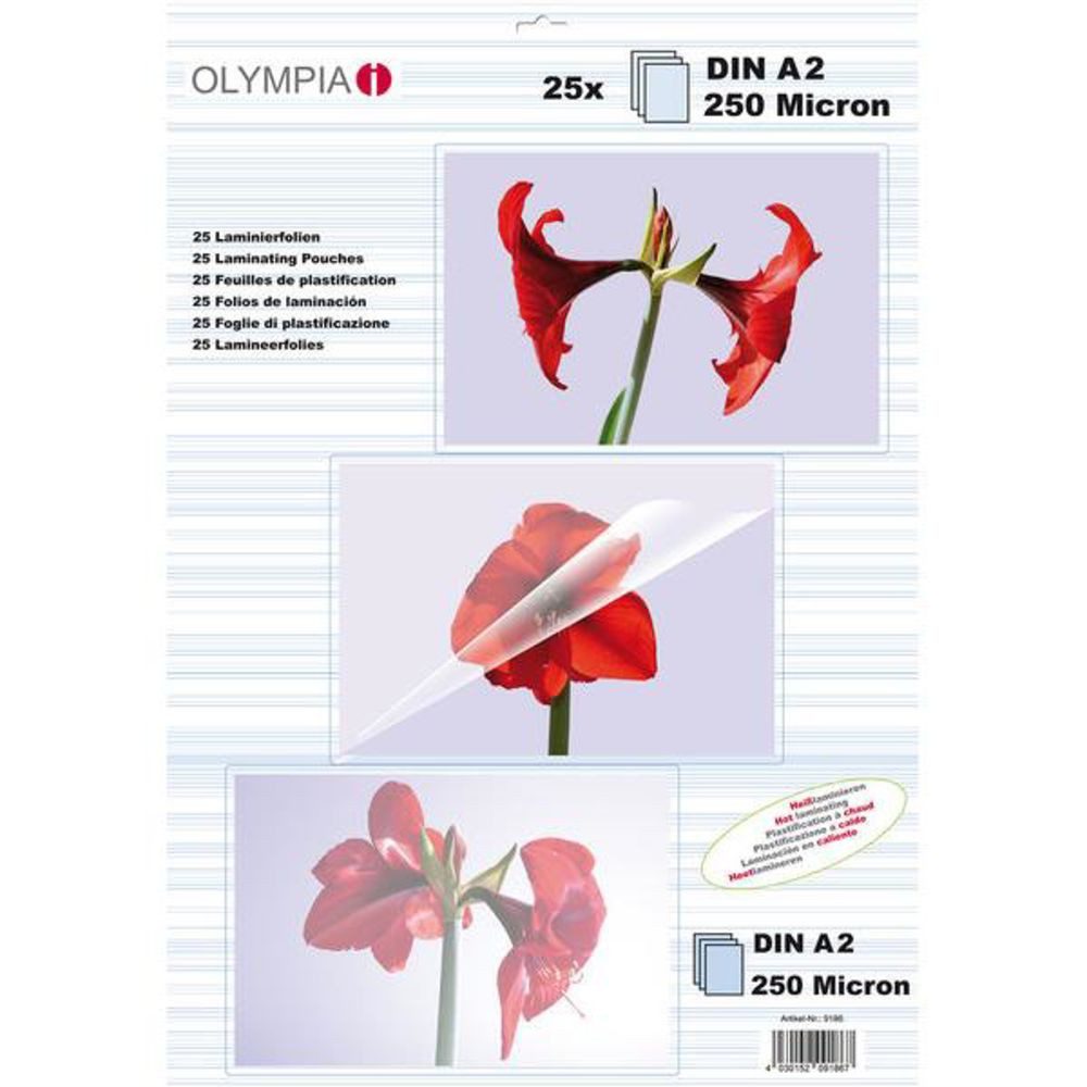 Olympia Laminierfolie Laminierzubehör 9186, DIN A2 250, DIN A2 250, 25 Stück, hochtransparent, reißfest, Knickschutz