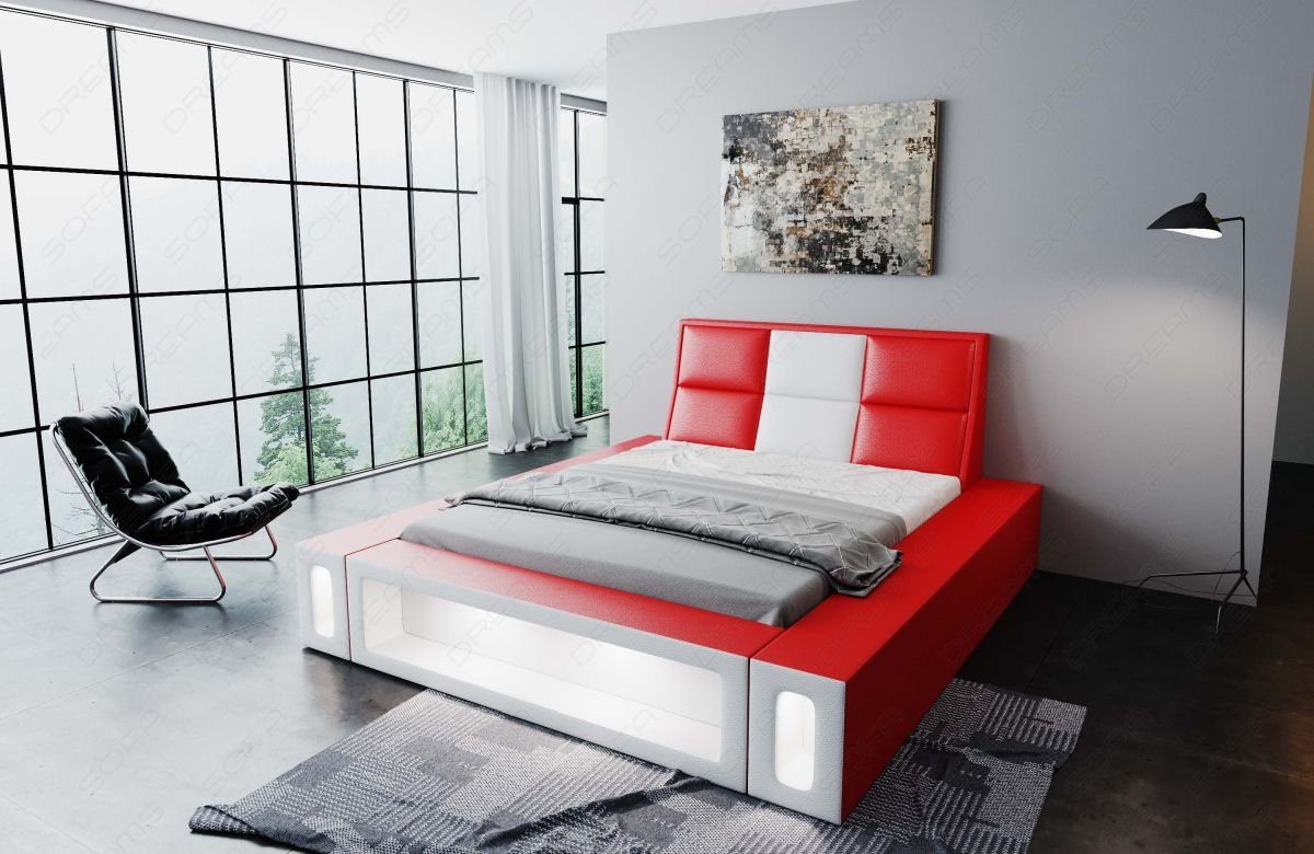 Bett Dreams Topper, mit mit Beleuchtung Beleuchtung, Boxspringbett mit Komplettbett Premium Kunstleder Matratze, Sofa Venosa LED rot-weiß LED Mit