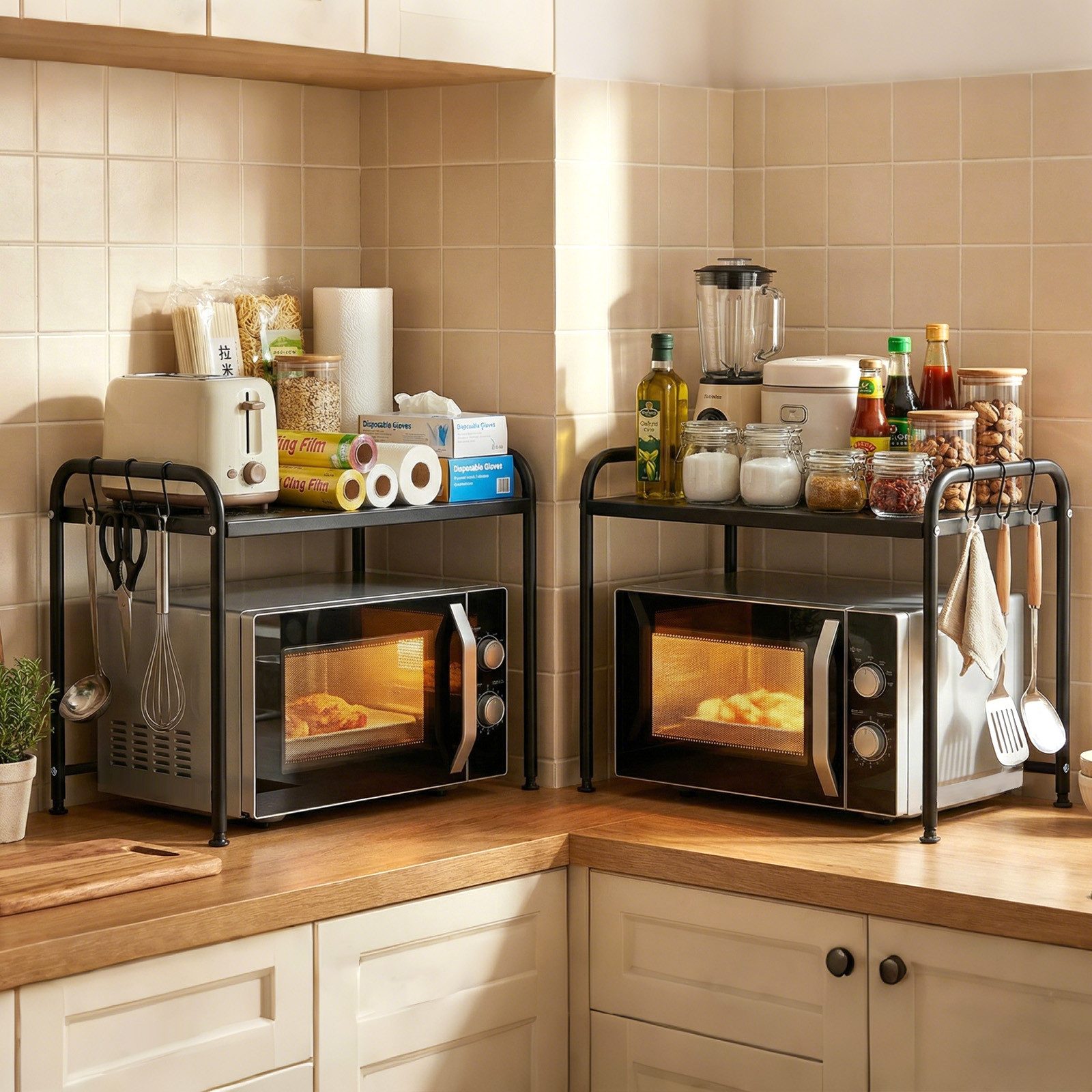 Sekey Mikrowellenteller Mikrowellenregal mit Ablage und 3 Haken Küchenregal Metall Schwarz – Bild 2 von 5