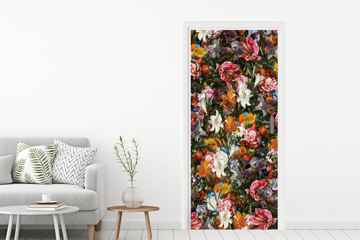 MuchoWow Türtapete Blumen - Schmetterling - Design - Kunst - Abstrakt - Malerei - Alte Me, Matt, bedruckt, (1 St), Selbstklebende Tapete, Folie für Möbel, 75x205 cm