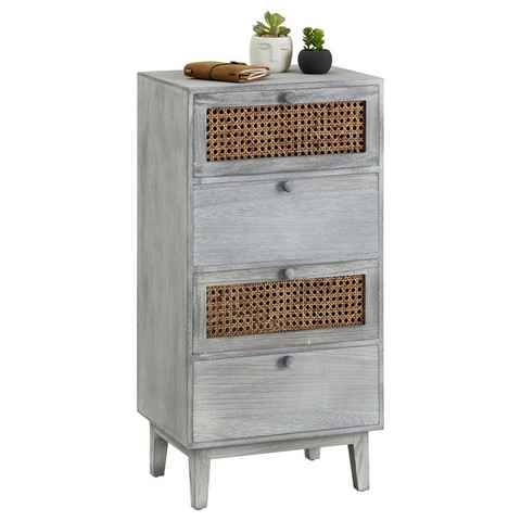 CARO-Möbel Kommode SEETA, Kommode mit 4 Schubladen und Wiener Geflecht Holz lackiert in grau Boh