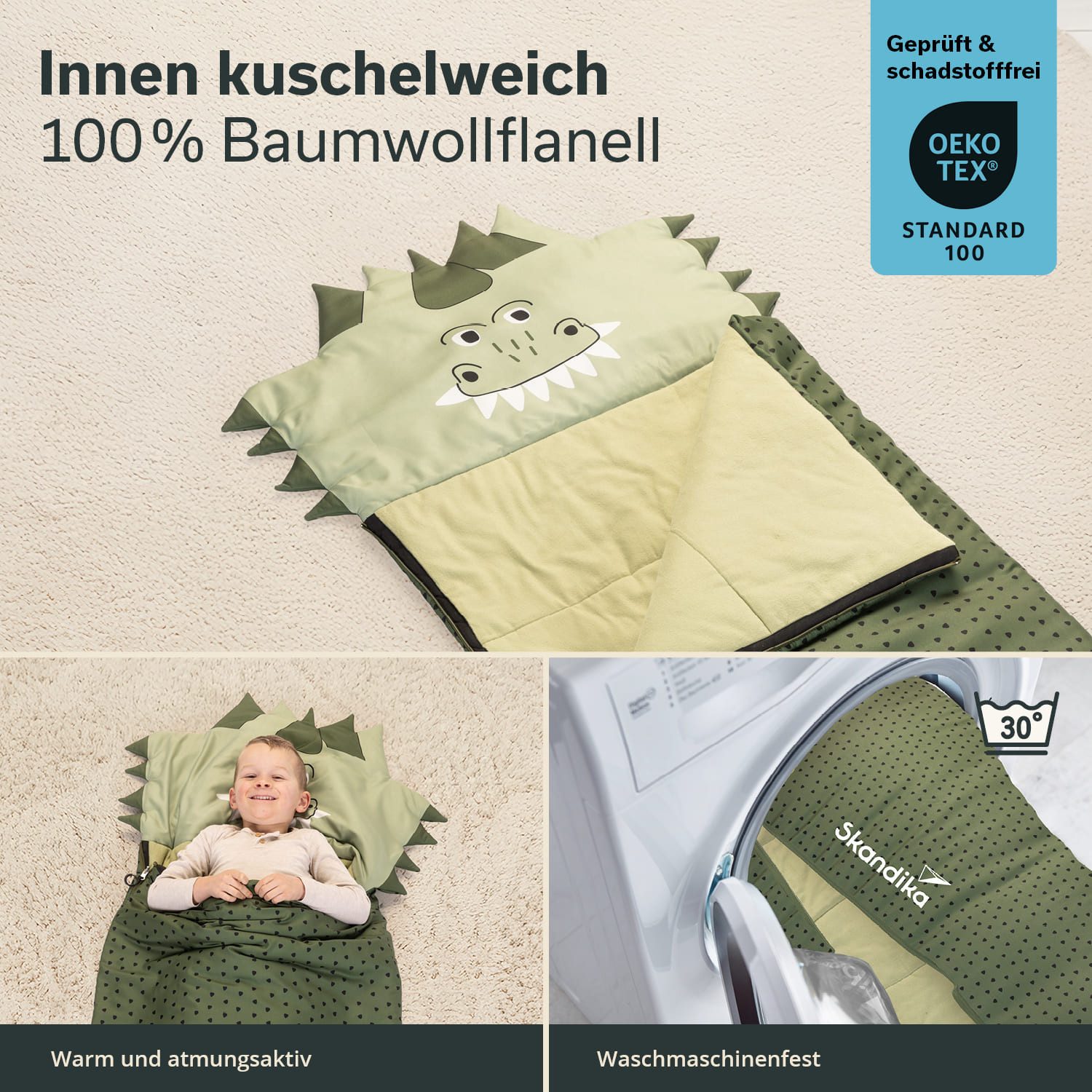 Skandika Kinderschlafsack Soti, für Kinder bis 150 cm, buntes Design Dinosaurier (maschinenwaschbar, Kopfteil, in Tierform und mit Tiermotiv bedruckt), mit Baumwollflanell, Komfort-Temperaturen von 13 °C bis 3 °C