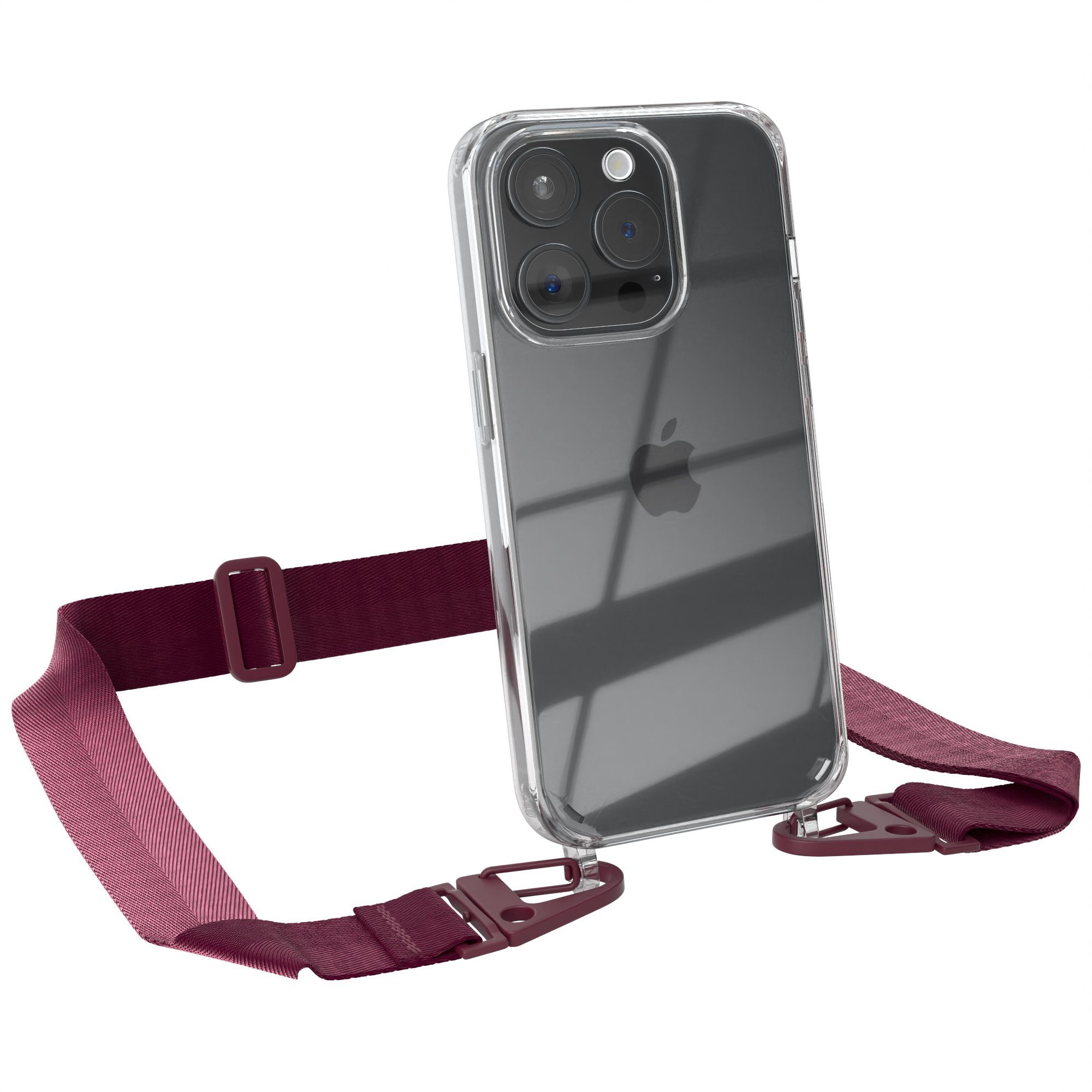 EAZY CASE Handykette Silikon Kette Karabiner für Apple iPhone 15 Pro 6,1 Zoll, Smartphonekette Cover Silikonhülle Umhängetasche Burgundy Rot Beere