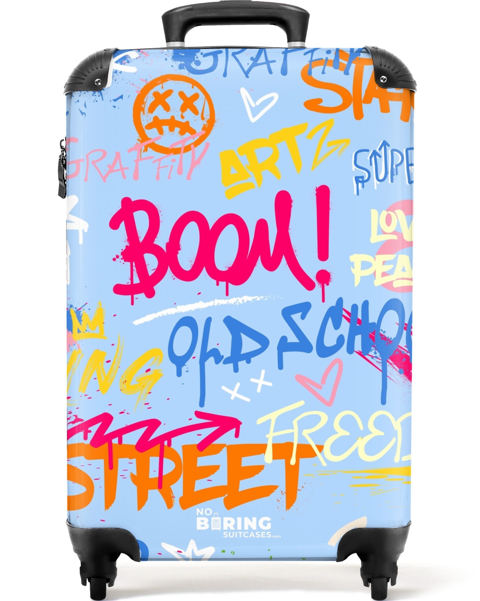NoBoringSuitcases.com© Hartschalen-Trolley Bunter Graffitidruck mit Text und Spritzern 55x35x20cm, Reisetasche mit Rollen, Koffer Handgepäck Flugzeug