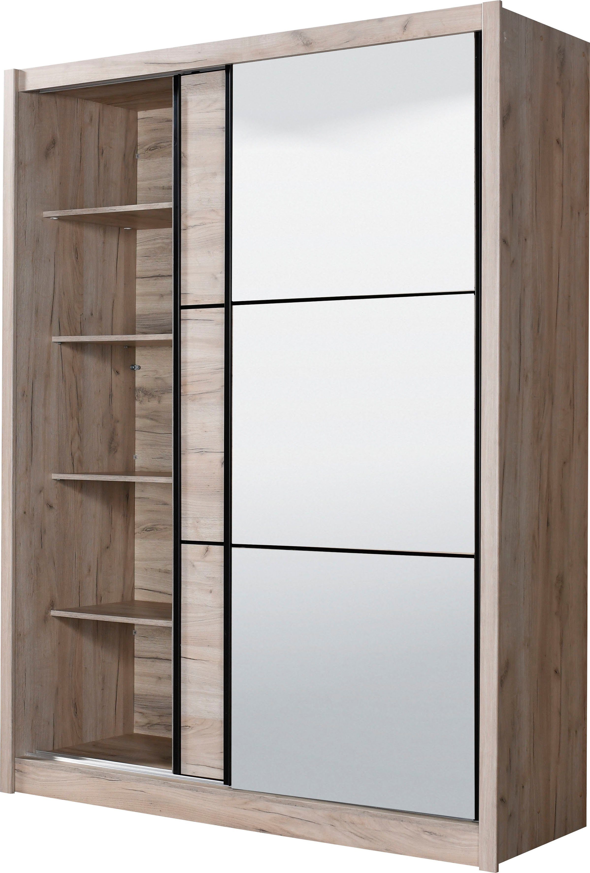 INOSIGN Schwebetürenschrank Navara mit Spiegel grau grau Dekor Eiche Einlegeböden Dekor | Eiche und zusätzlichen