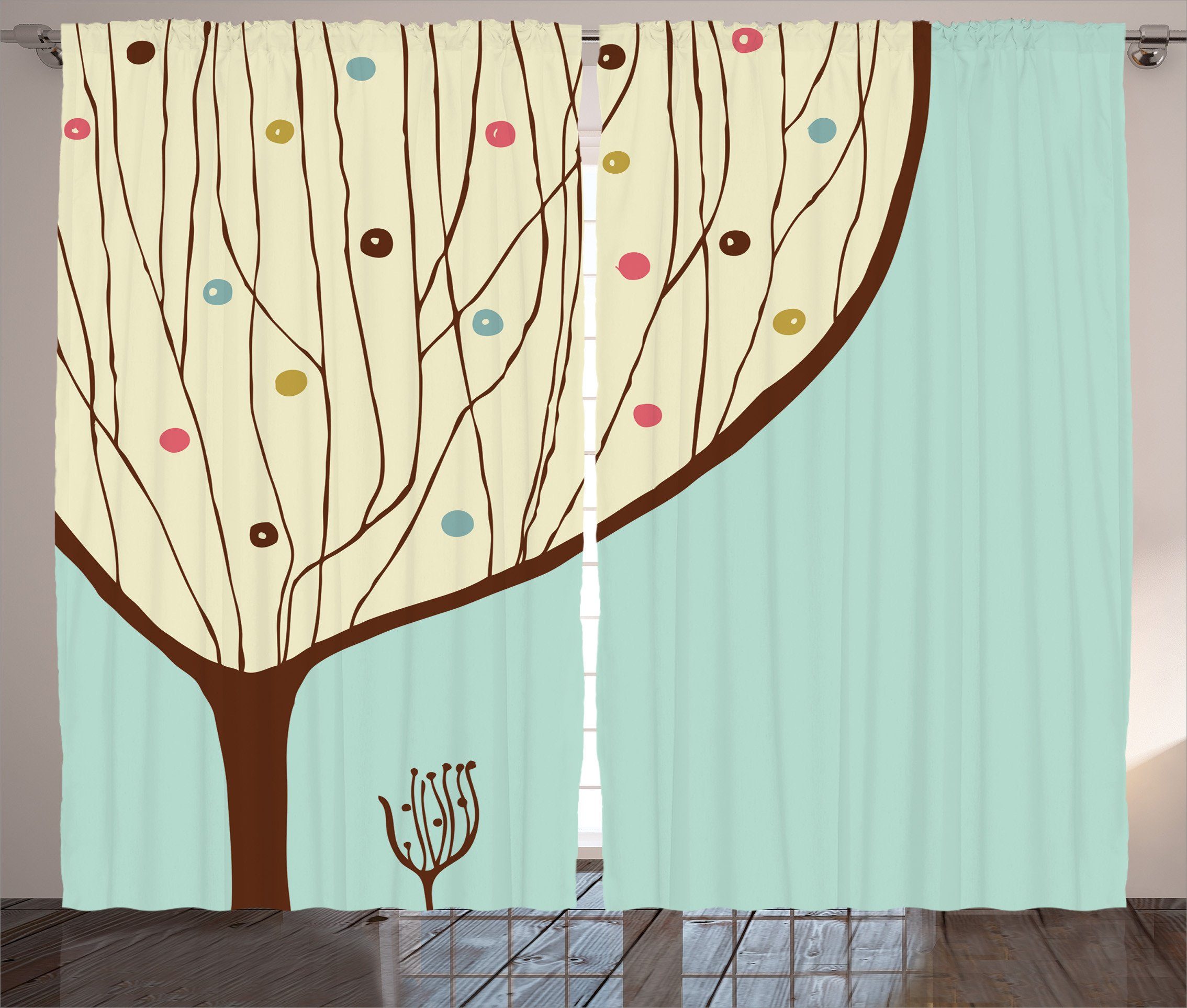 Gardine Schlafzimmer Kräuselband Vorhang mit Schlaufen und Haken, Abakuhaus, Moderne Kunst Aqua Hand gezeichnet Baum