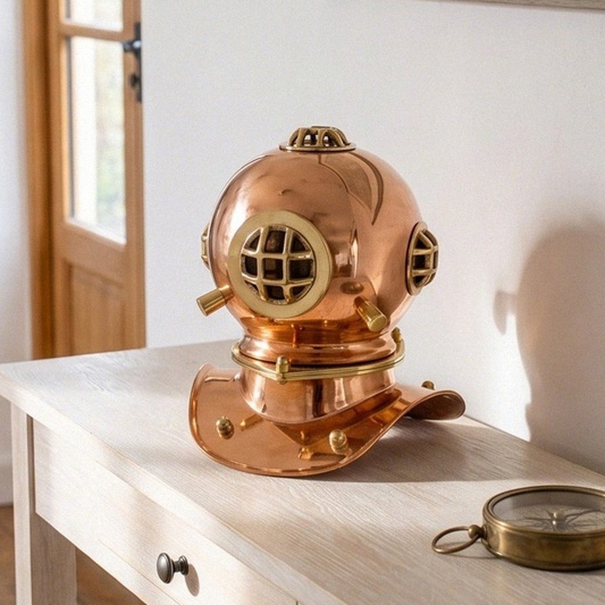 Antikas Wanddekoobjekt Taucherhelm aus Kupfer und Aluminium, poliert im Vintage-Stil, H.20 cm