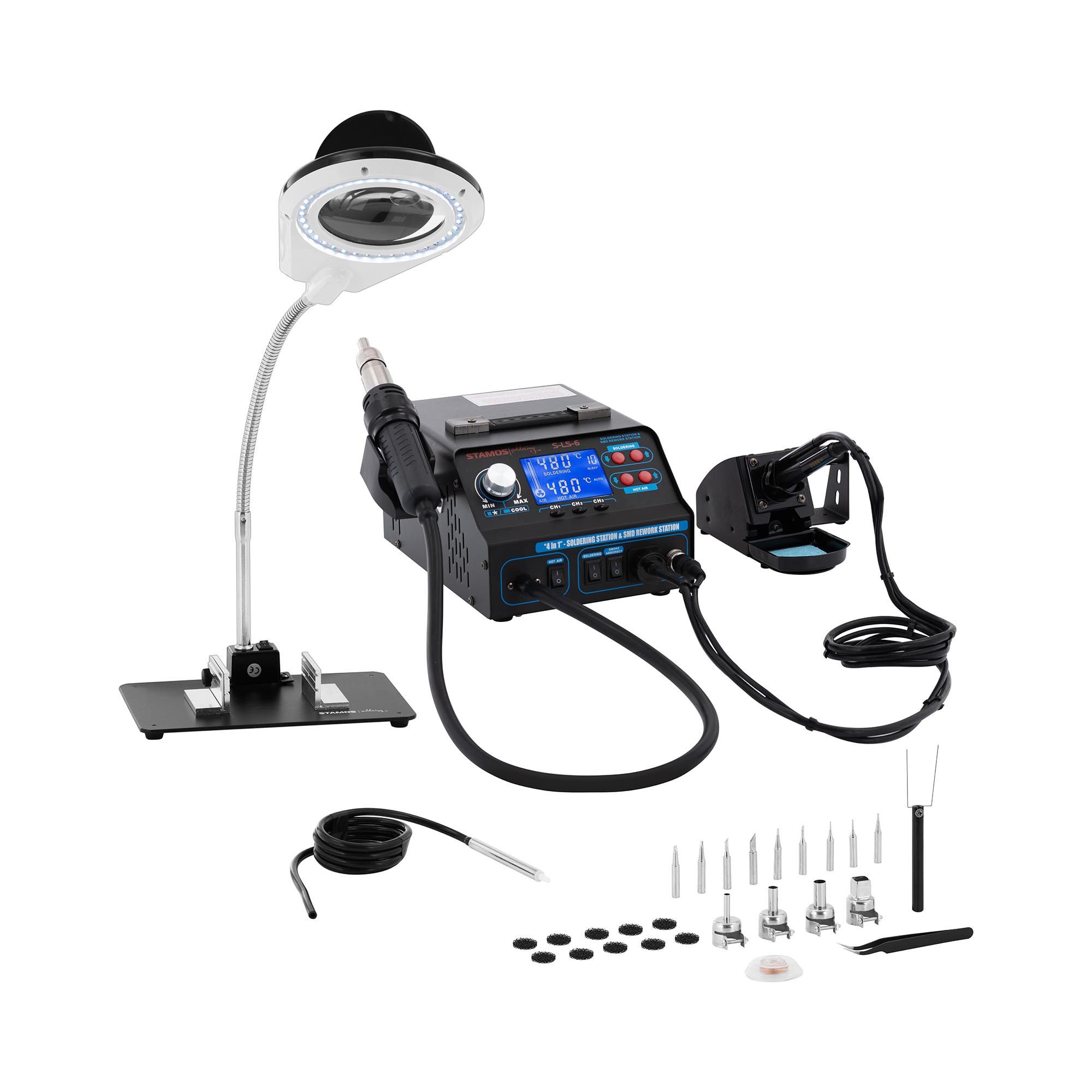 Stamos Welding Group Lötkolben Lötstation 720 W Heißluftlötgerät 480 °C Lötrauchabsaugung LED-Anzeige, max. 720 W