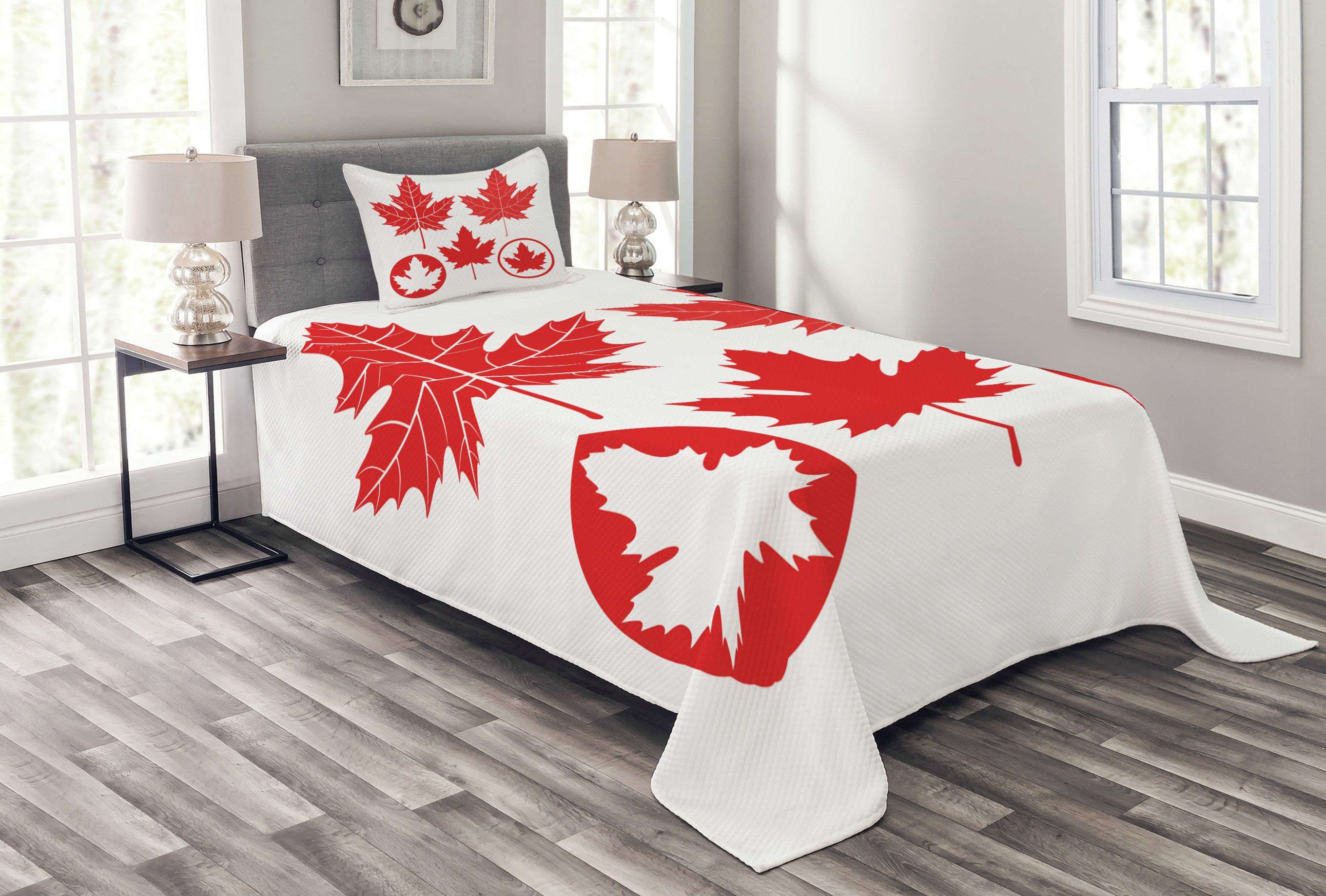 Tagesdecke Set mit Kissenbezügen Waschbar, Abakuhaus, Blätter Kanadische Flagge Motive