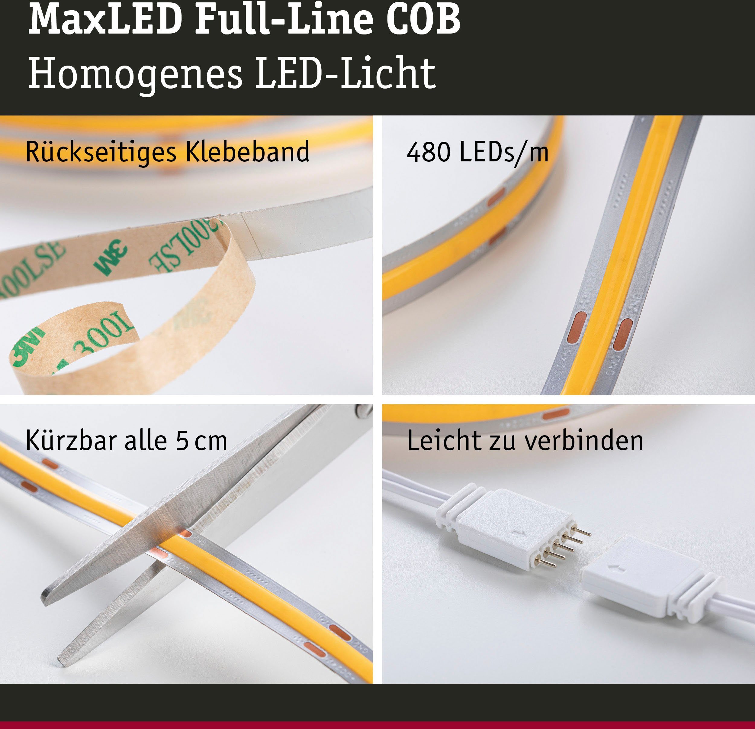 Paulmann LED-Streifen MaxLED 2700K, 750lm 1,5m, Basisset 1-flammig, Full-Line Basisset warmweiß10W 480LED 500 COB