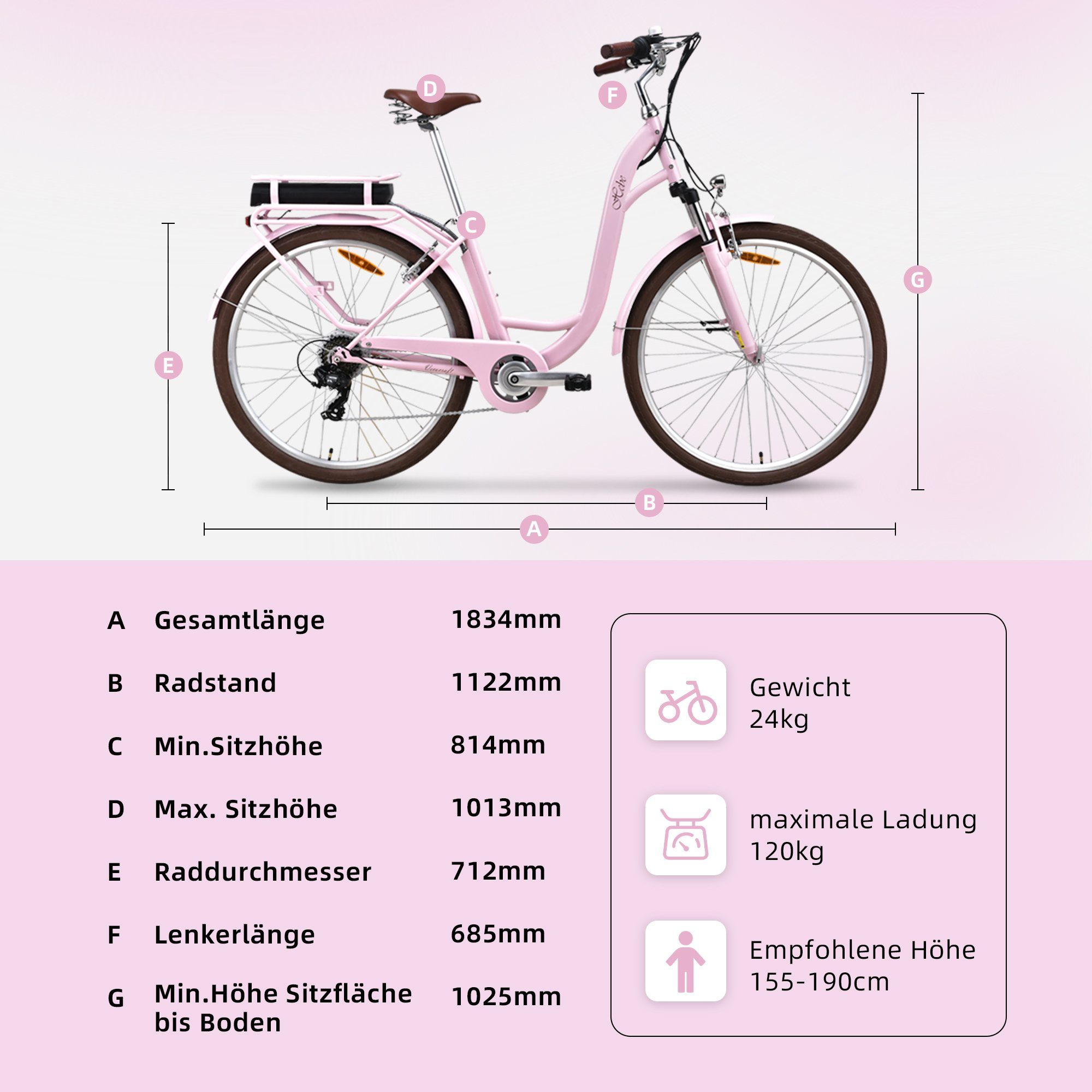 VECOCRAFT E-Bike Cityrad HEBE elektrofahrrad citybike ebike damen 28 zoll, 7 Gang Shimano, Kettenschaltung, Heckmotor, 360 Wh