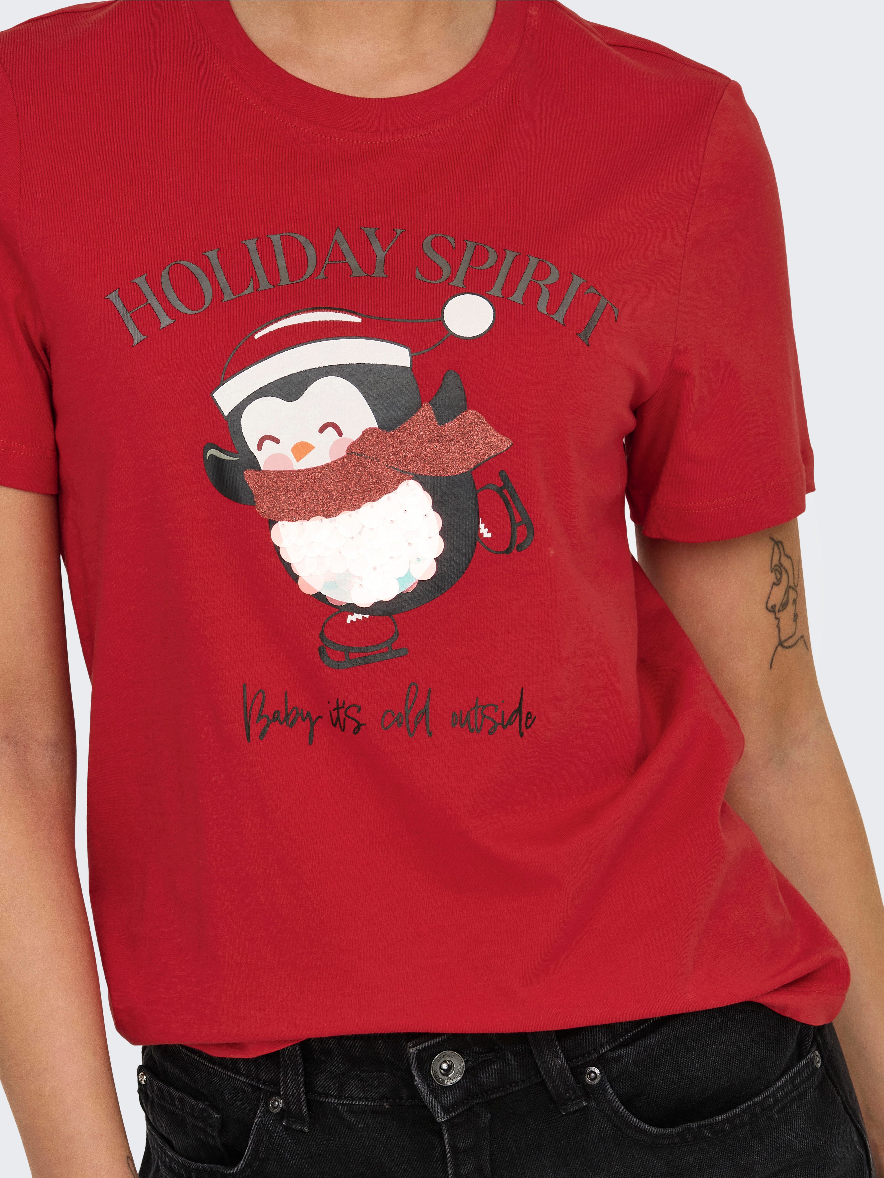 ONLY Kurzarmshirt ONLKITA LIFE REG S/S TOP BOX XMAS JRS Baumwolle, regular fit, Weihnachtsshirt