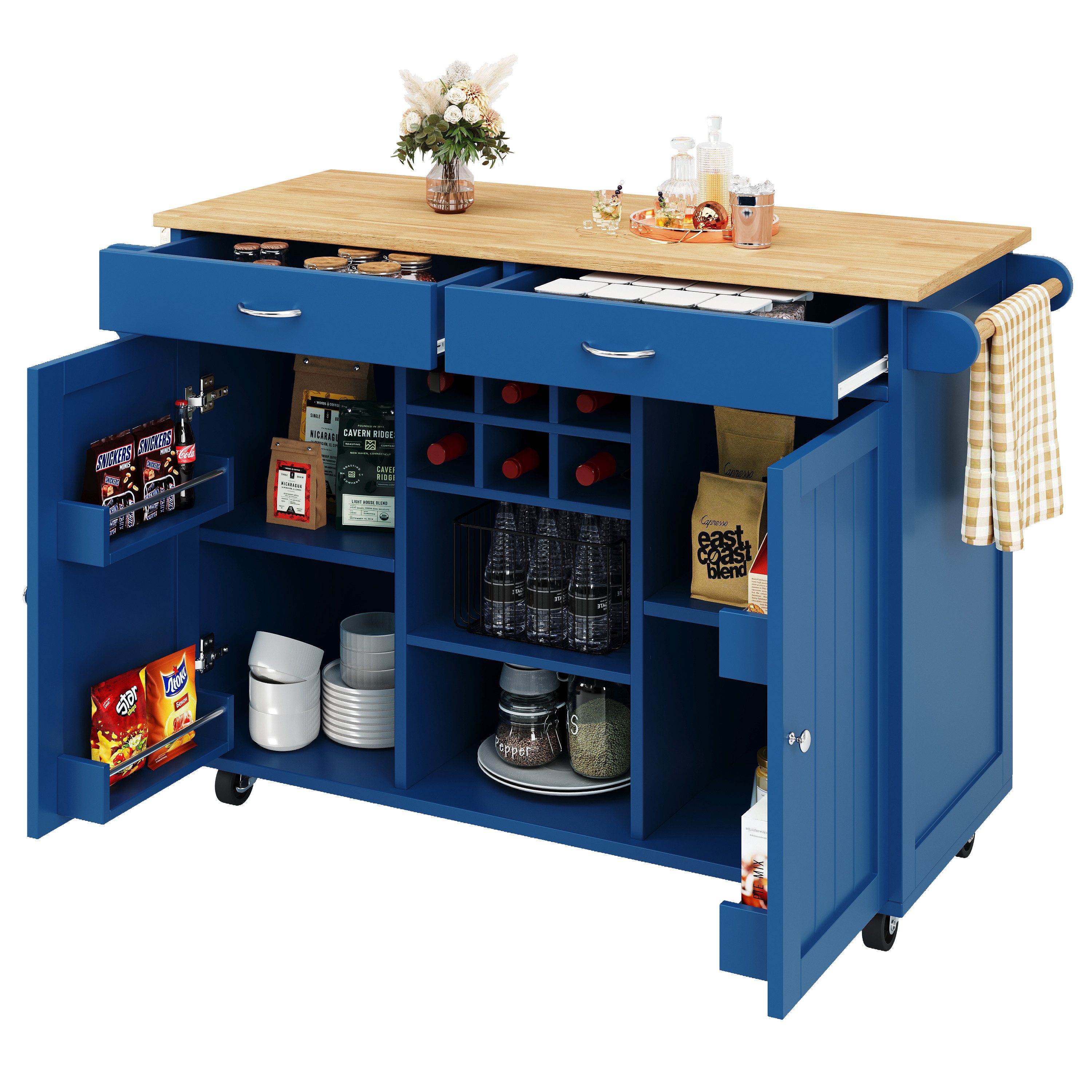 REDOM Küchenwagen Multifunktionale Kücheninsel, (mit Holzmaserung– Multifunktionale Speisewagen und Buffetschrank mit verstellbarem Weinregal, 360° Lenkrollen, zusätzlichem Stauraum., 102x45x92 cm)