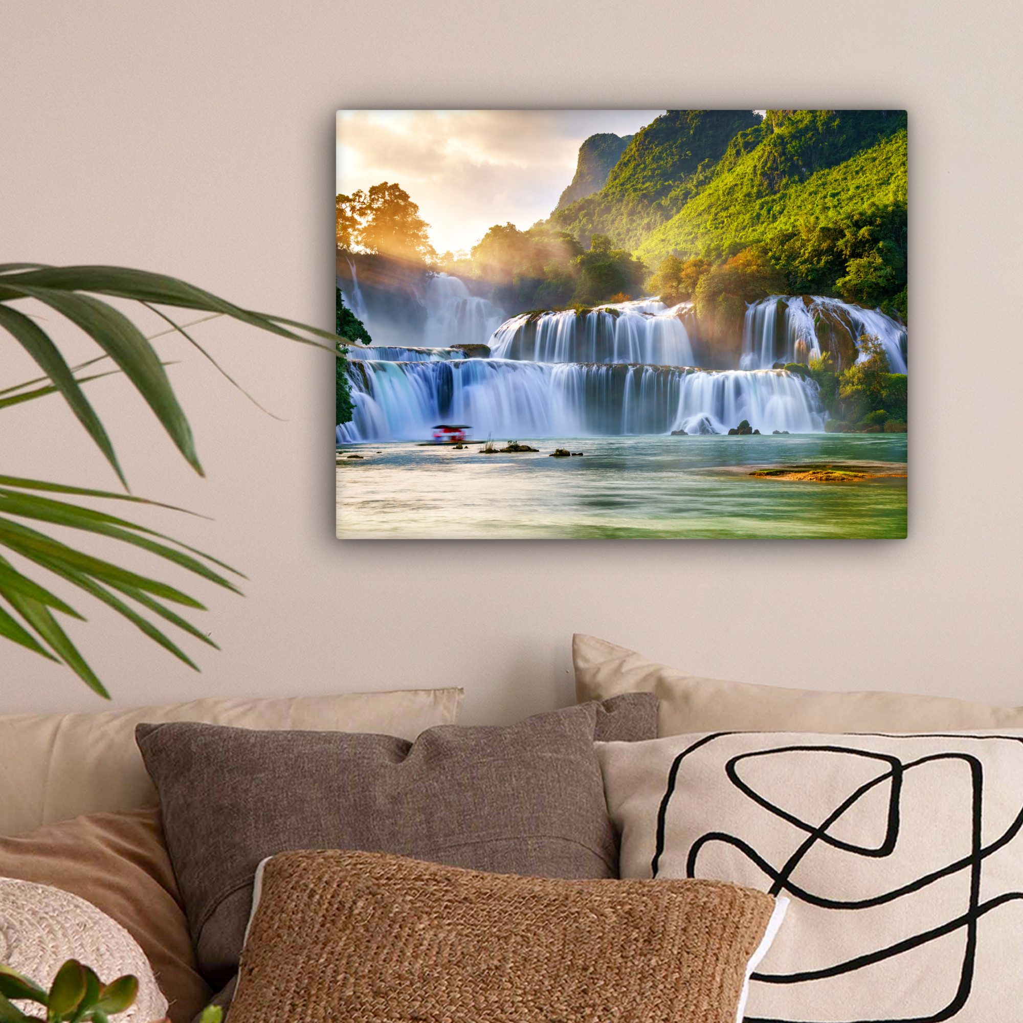 OneMillionCanvasses® Leinwandbild Wasserfall - Pflanzen - Sonne - Wasser - Natur, Fotodruck (1 St), Wandbild Leinwandbilder, Aufhängefertig, Wanddeko 40x30 cm