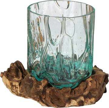 Wogeka Dekovase Glas-Vase "Gloria" auf Wurzel-Holz Ø Glas 15-16 cm Teakholz Gamal