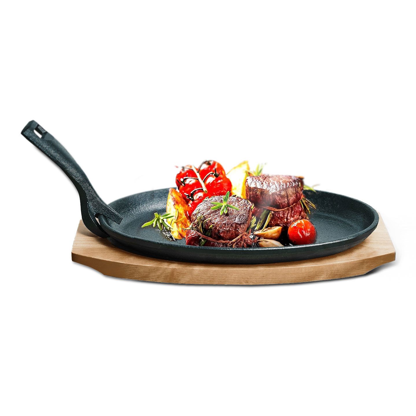Casativo Servierpfanne Profi Gusseisen Servierpfanne bis 230°C mit Holzuntersetzer 820g, Gusseisen (1-tlg., 1er-Set/2er-Set/4er-Set), abnehmbarer Griff, backofenfest, 24 x 14 x 2,2 cm, haltbar