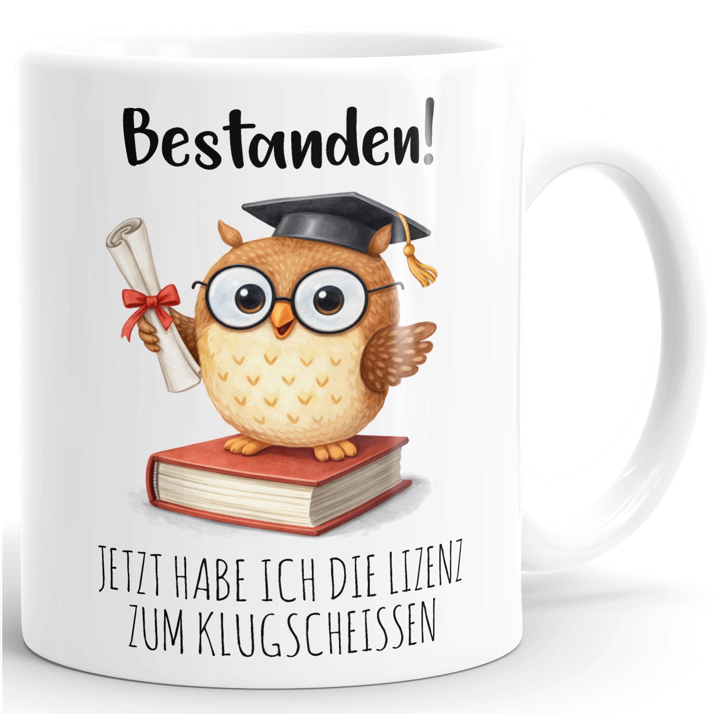 MoonWorks Tasse Kaffee-Tasse lustige Eule - Geschenk Abschluss Bestanden Spruch, Keramik