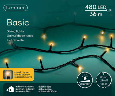 Lumineo LED-Lichterkette Lumineo Lichterkette Basic 480 LED 36m klassisch warm, schwarzes Kabel, Dimmbar, Timer, Indoor, Outdoor
