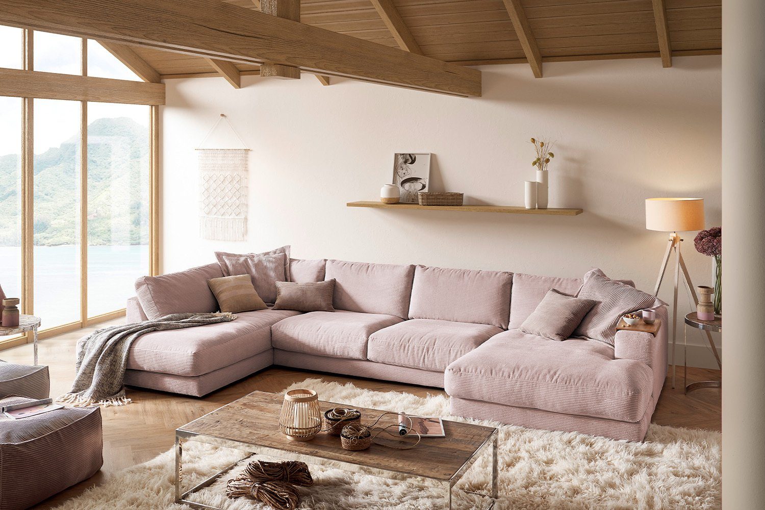 MADELINE, Farben rosa od. rechts links, Cord, U-Form Wohnlandschaft KAWOLA Longchair Sofa versch.