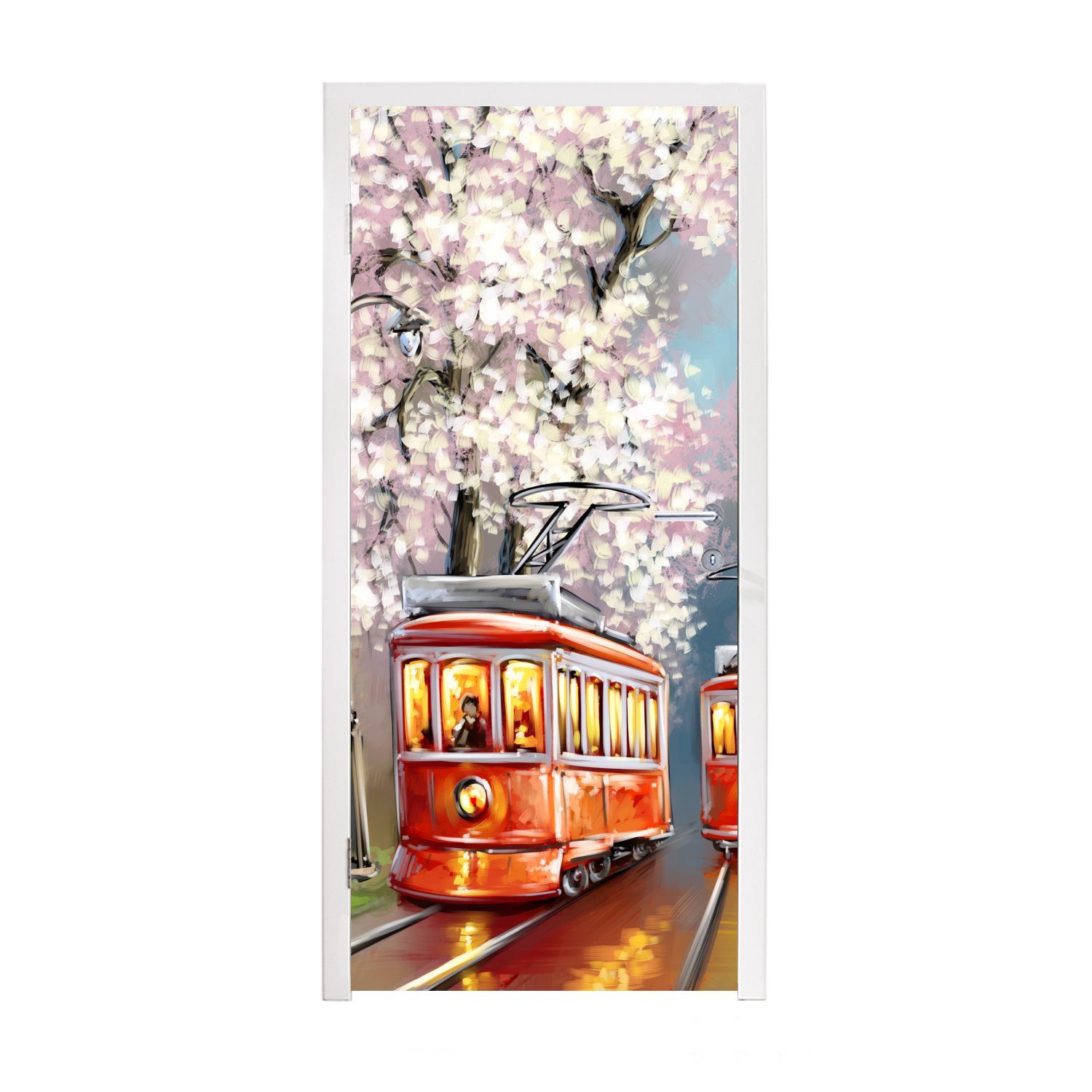 MuchoWow Türtapete Gemälde - Ölgemälde - Straßenbahn - Blühender Baum, Matt, bedruckt, (1 St), Fototapete für Tür, Türaufkleber, 75x205 cm